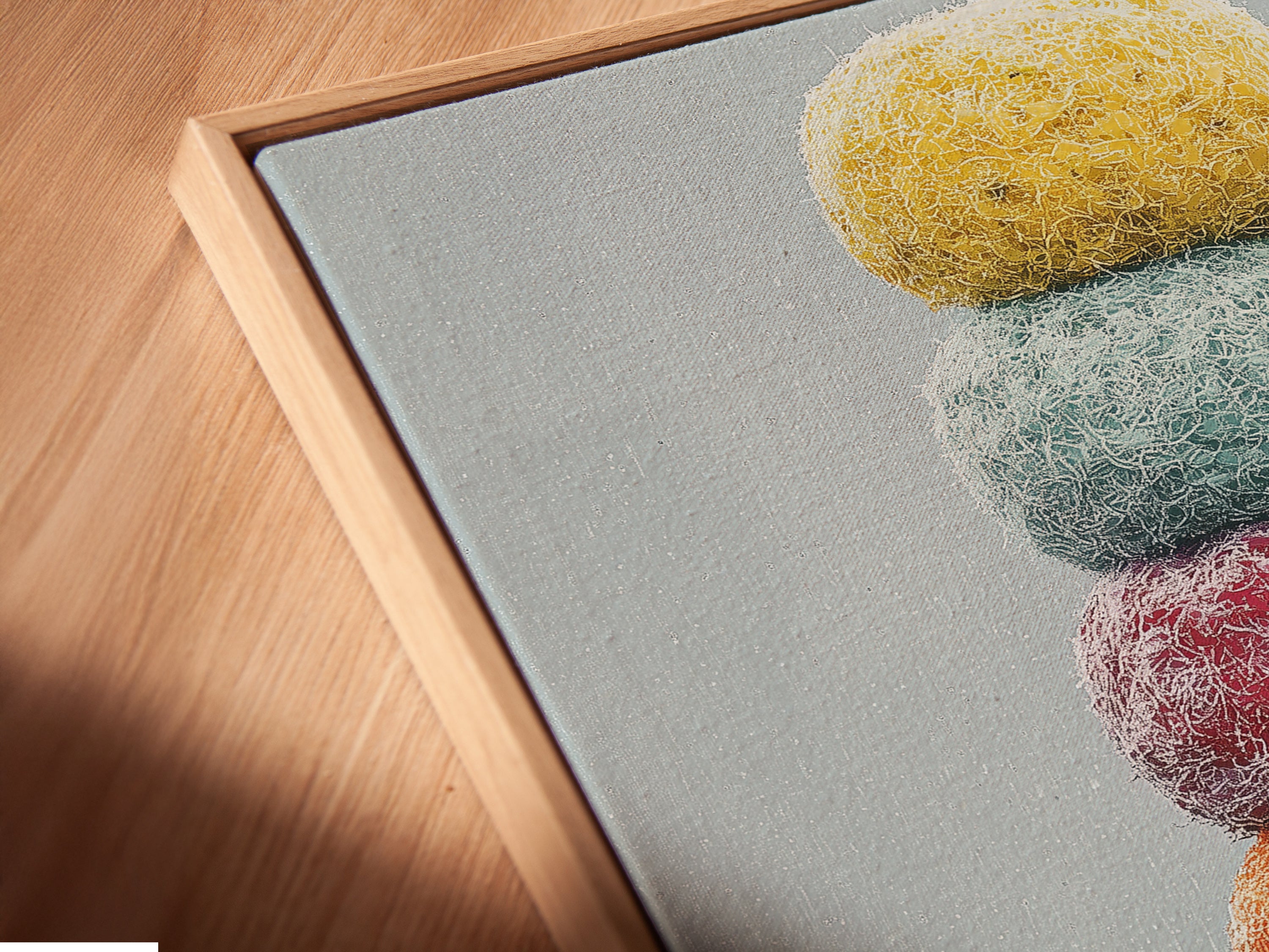 Angled close-up of a canvas print featuring a whimsical seal artwork in a floating frame. The floating frame enhances the artwork. Perfect for showcasing the colorful animal art. A great addition to any modern or minimalist decor. Bring a touch of marine life charm to your walls.