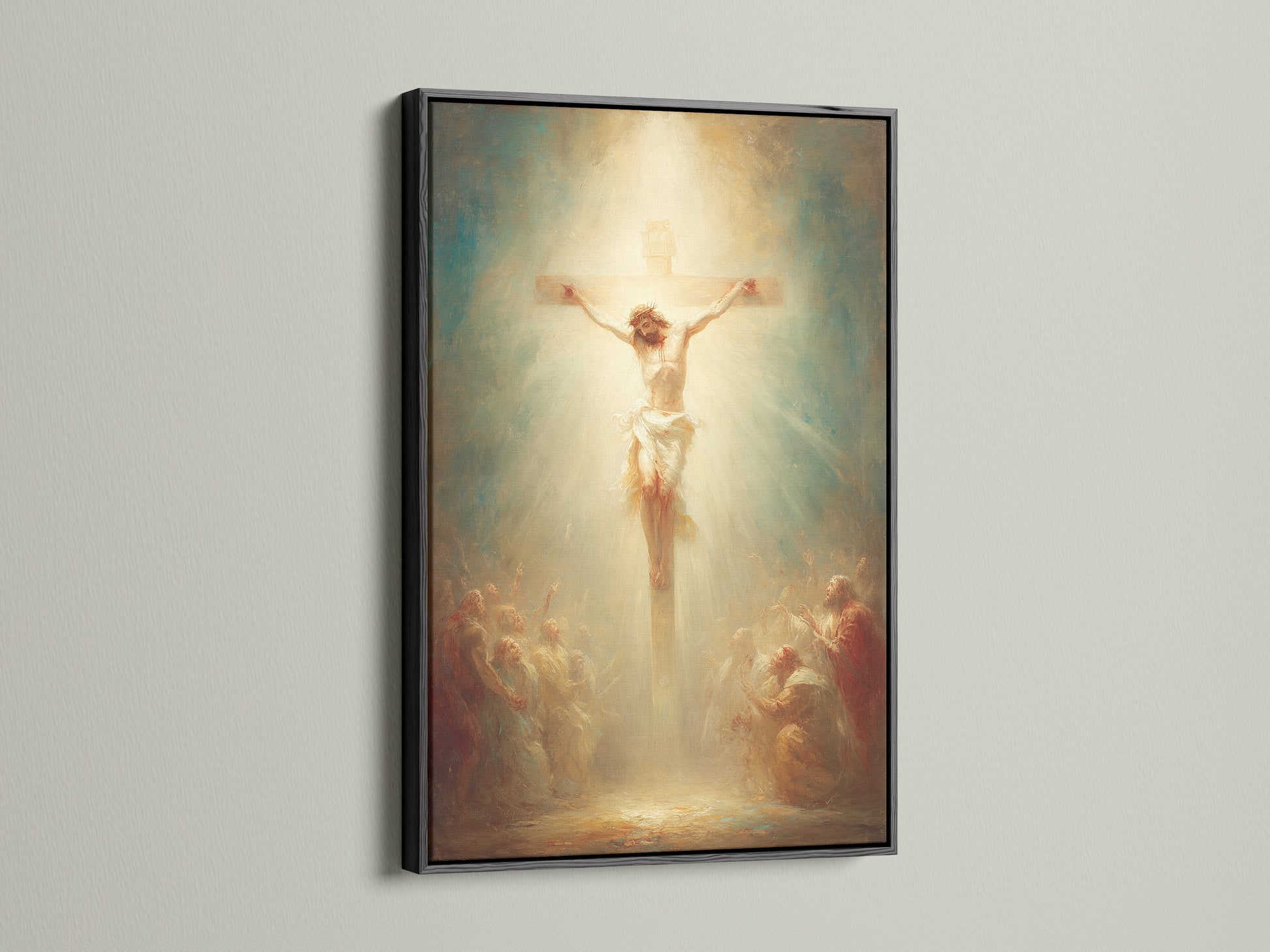 This artwork features Jesus on the cross. It is boldly displayed in a black frame. Black frames offer a modern and timeless look. They provide a striking contrast to the artwork. Discover the impact of a black frame in your home. Explore our black frame options to elevate your artwork. Make a statement with our sleek black frames.