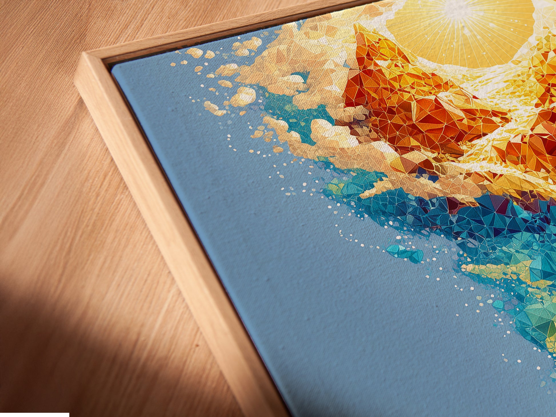 A close-up angled view of a canvas print in a floating frame. The abstract nature art seems to hover. The fire water art makes a statement. This spiritual wall art is perfect for contemporary spaces.