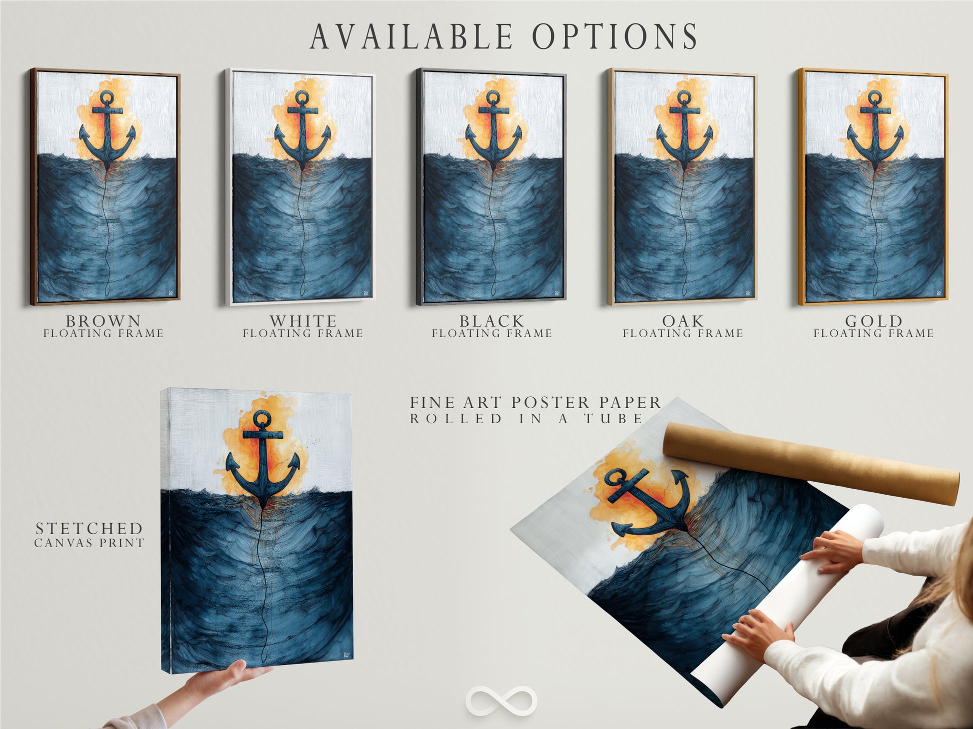 Explore available options for our nautical artwork. The art features an anchor and ocean waves. Choose from stretched canvas print fine art poster paper or floating frame. Customize your coastal decor to match your style. Discover our maritime art.