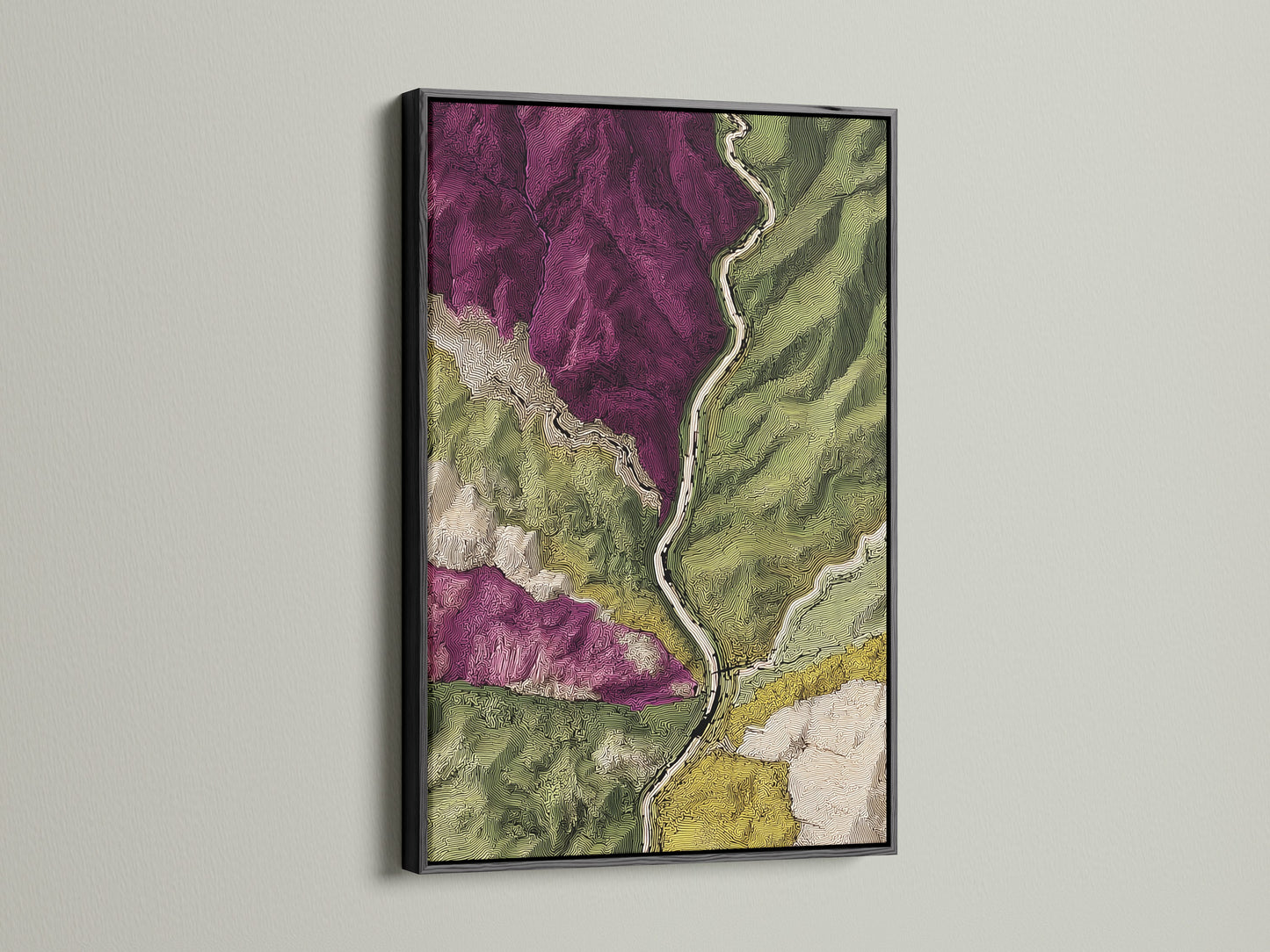 Artwork displayed in a sleek black frame. The contrast makes the topographical map stand out. Note the purple and green details. The black frame adds a modern touch. This piece is perfect for a minimalist interior. The artwork is a statement piece for any room.