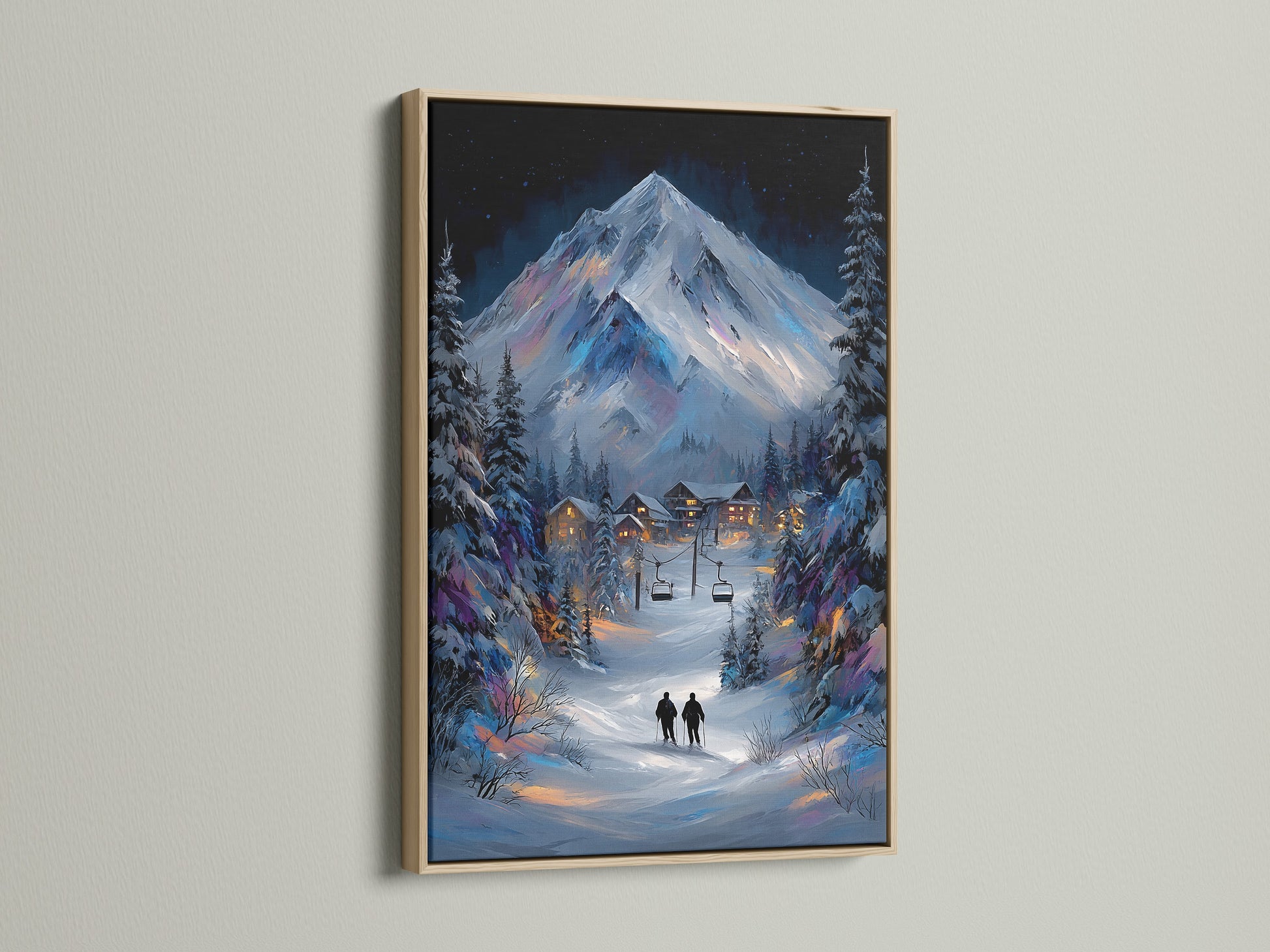 Elevate your space with a winter mountain canvas print. This oak frame enhances the snowy alpine landscape. It is perfect for creating a cozy cabin atmosphere. Add warmth and style to your ski lodge decor with this framed artwork.