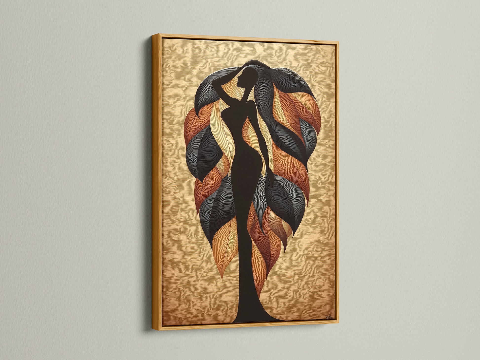 A stunning gold framed canvas print featuring abstract tree art. The artwork displays autumn leaves adding a touch of modern botanical decor. This fall decor is perfect for elevating bedroom wall art. Homeowners and business owners will find it ideal for lobbies and offices. The gold frame accentuates the contemporary style.