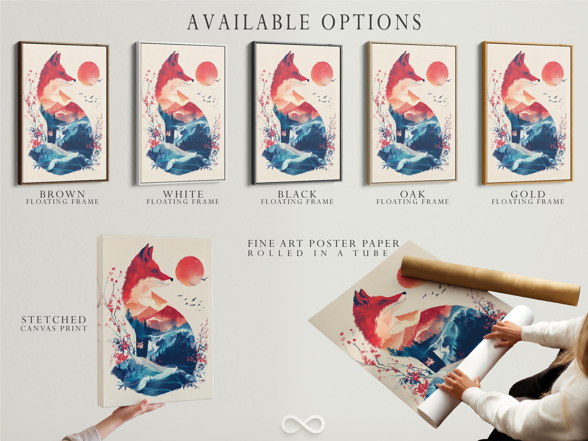 Available art options are displayed. These include a stretched canvas print. Also a fine art poster paper and a floating frame. Choose the perfect medium and presentation. This offers a personalized artwork that suits your style and space.
