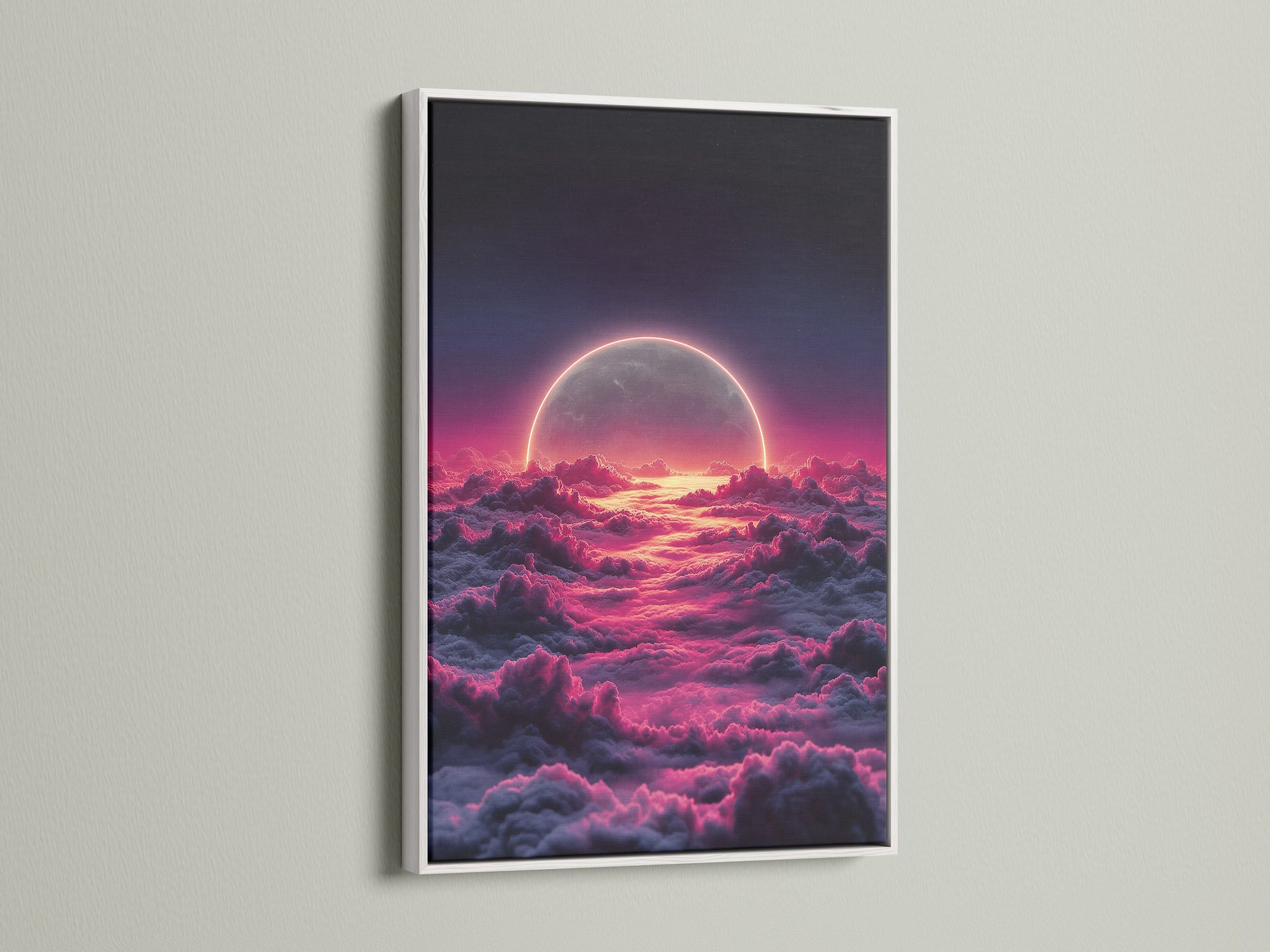 A white frame highlights the celestial moon canvas. The pink cloud print creates a dreamy sky scene. This bedroom wall art is modern and stylish. The cloudscape art adds an ethereal touch. Transform your living space with this lunar artwork.