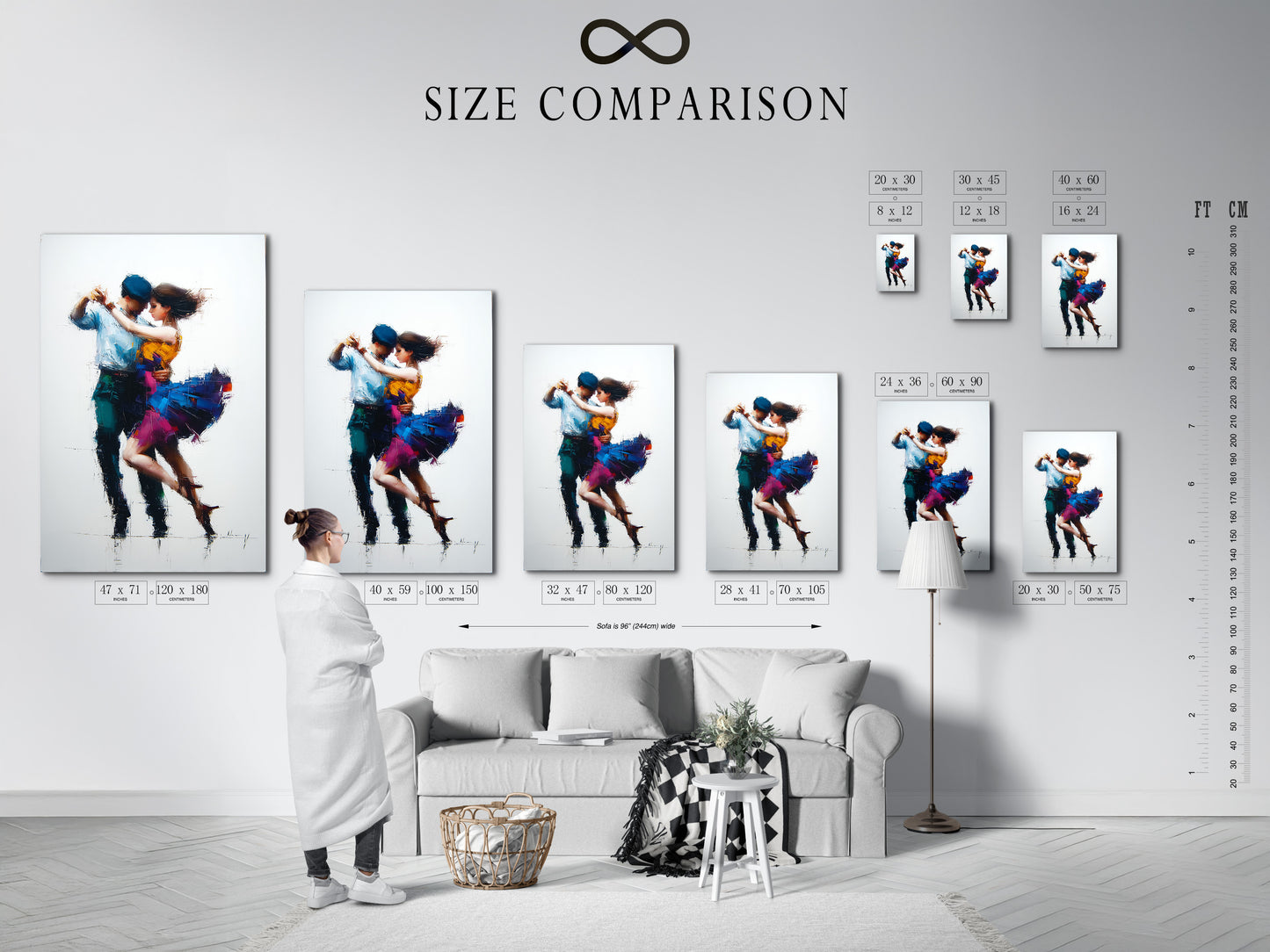 A size comparison chart is shown in an interior setting. The chart helps visualize artwork dimensions. See how different sizes fit your space. Choose the perfect size to enhance your decor. Make an informed decision with our guide.