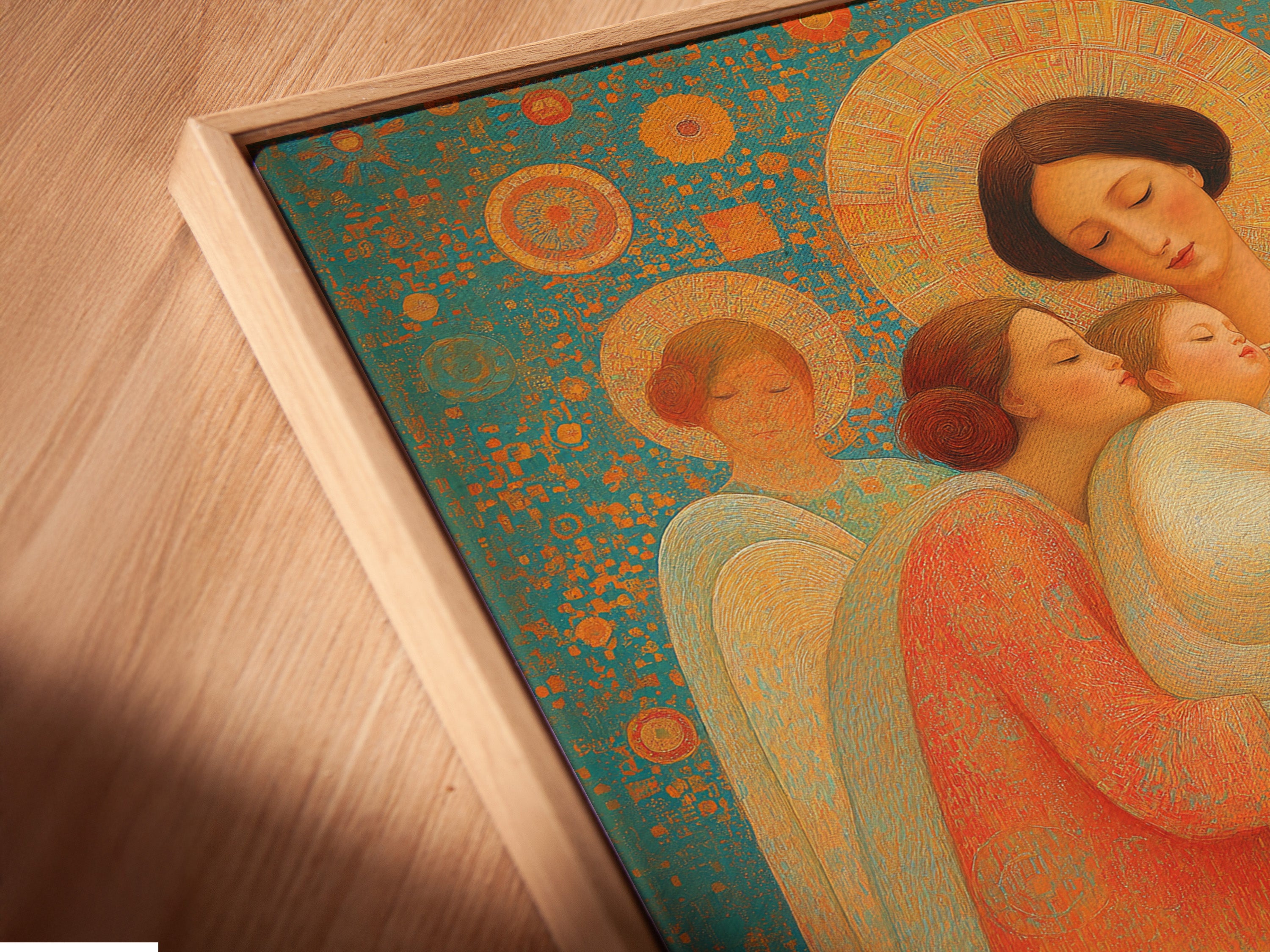 A close up angled view of the canvas print of the angel family art in a floating frame. See the texture and detail of the artwork. Notice how the floating frame enhances the modern look. This religious art is perfect for any spiritual space. Elevate your home with this beautiful sacred art print.