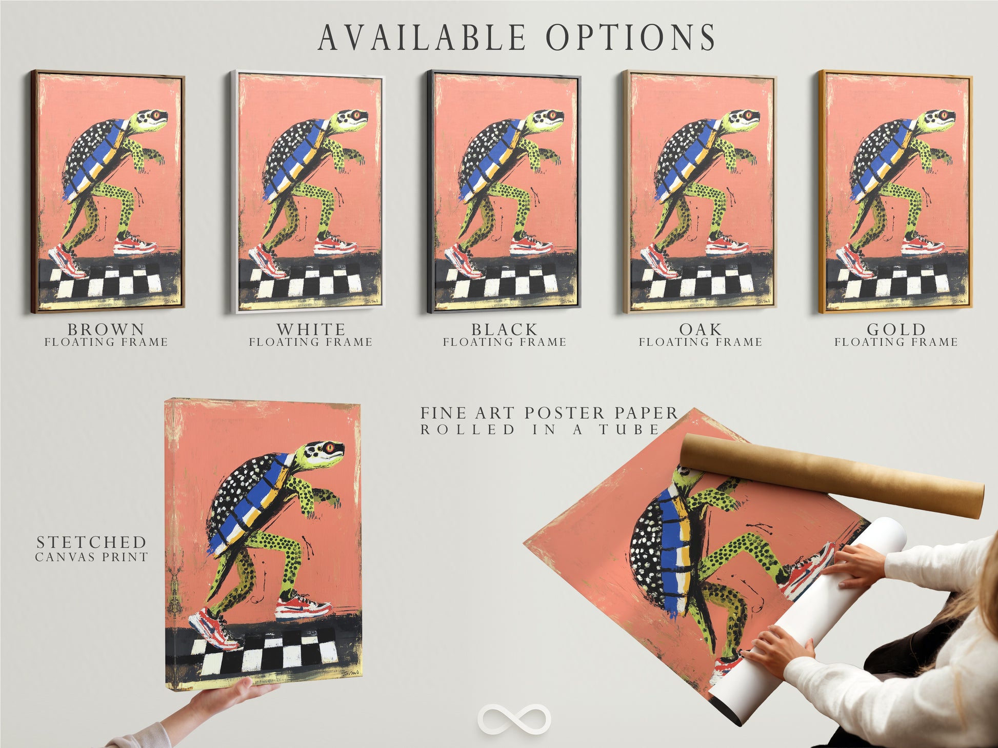 Available options for the turtle skateboard art. Choose from a stretched canvas print fine art poster paper or a floating frame. Each option enhances the playful urban aesthetic. Find the perfect style for your kids room teen bedroom or recreational space. Get funky animal art today.