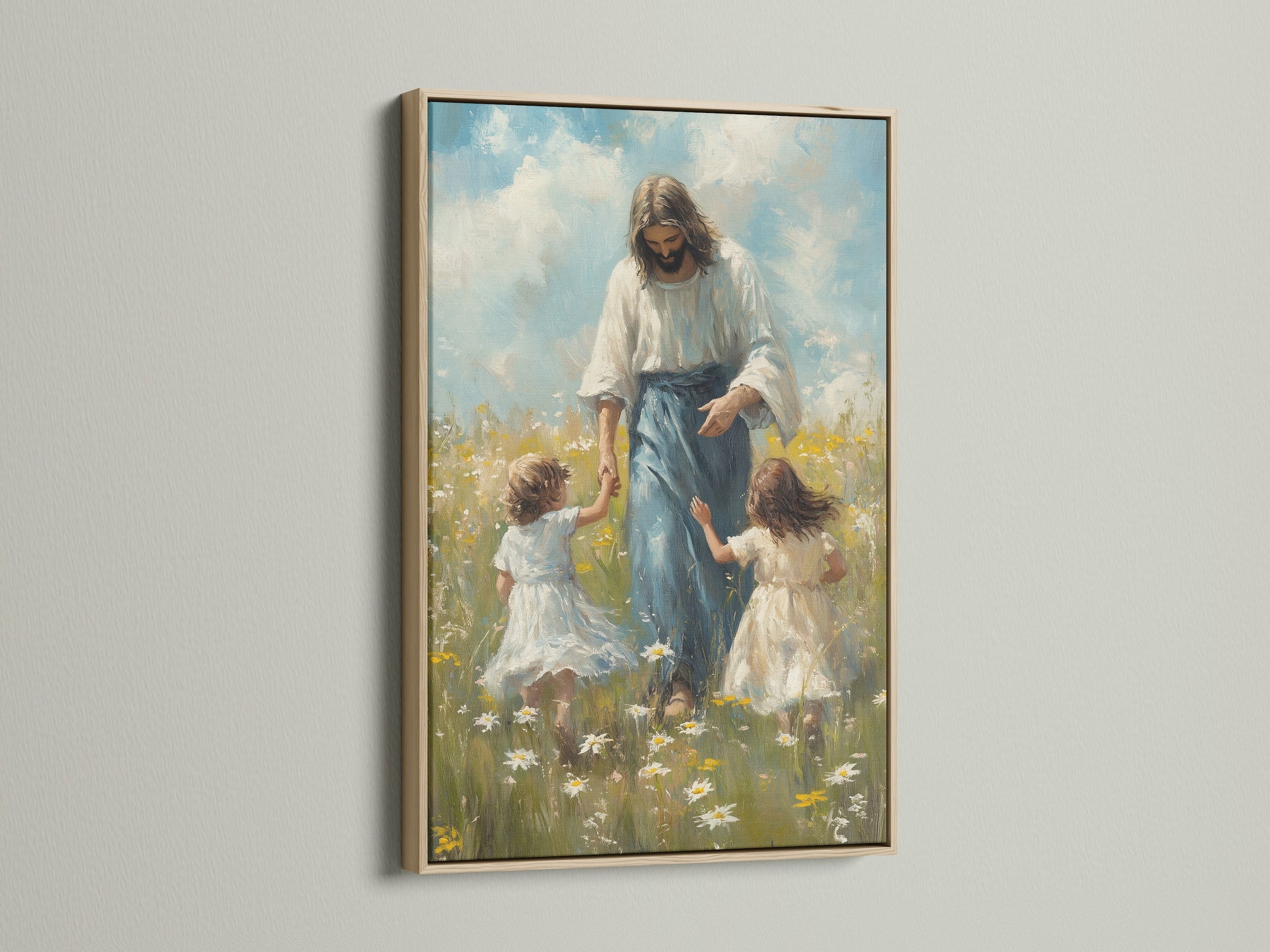 This is an oak frame art piece. The artwork depicts Jesus Christ with two children in a field. The light wood grain of the oak enhances the art. It brings warmth and natural beauty to the scene. This frame style is timeless.