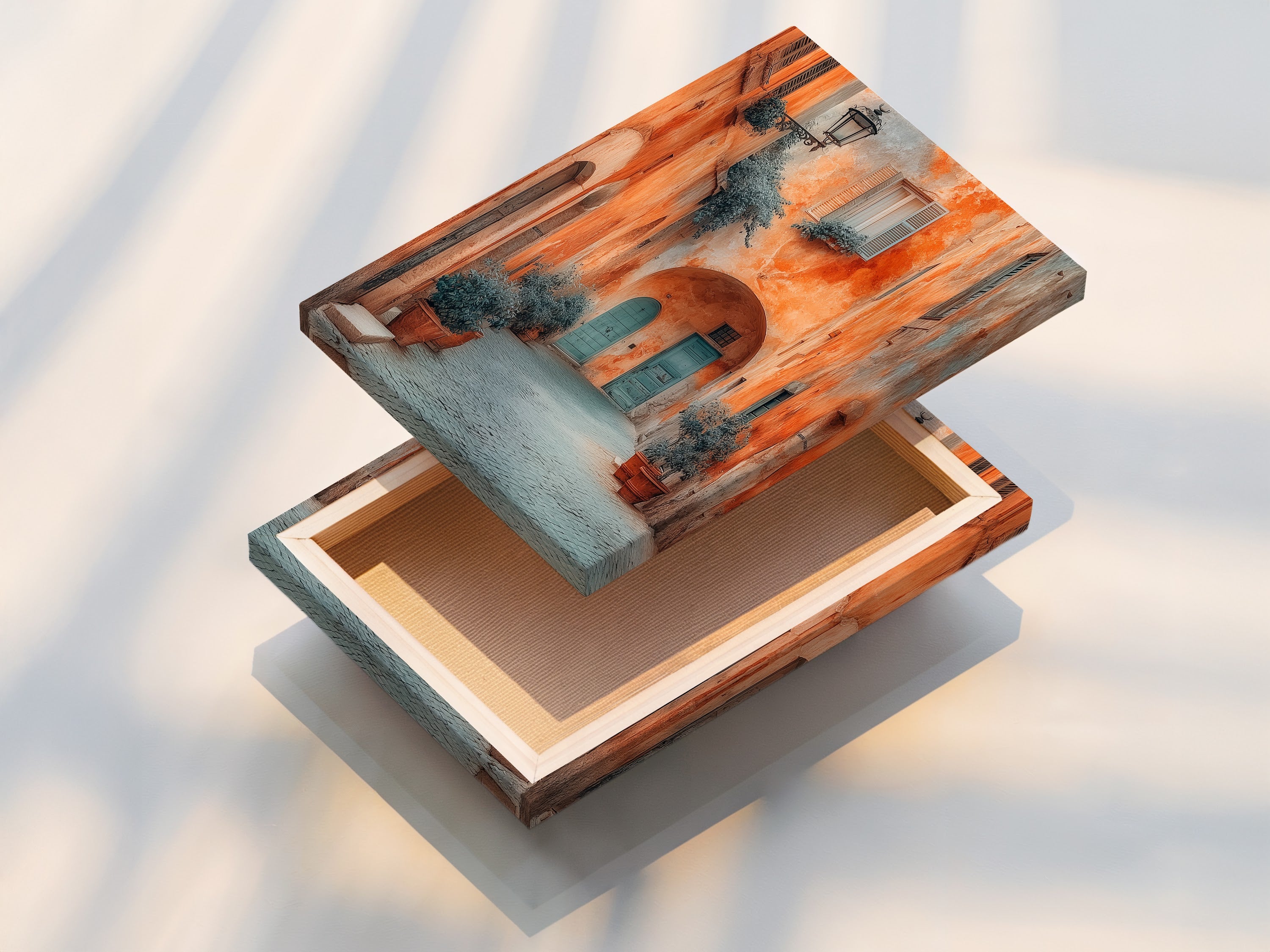 A stretched canvas print of the Italian Alley artwork is displayed. This Tuscan architecture wall art features terracotta buildings and a blue door. This European travel photography adds an elevated touch to any office decor. This fine art print is perfect