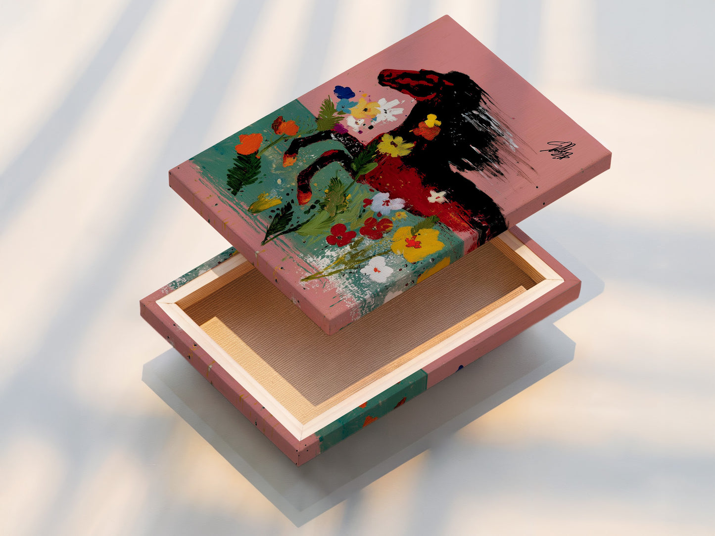 A stretched canvas print of Wild Horse Canvas Art is displayed. This floral abstract animal print adds a touch of color and elegance to any room. This equestrian decor is perfect for homeowners renters and interior designers alike. Its a great addition to any space.