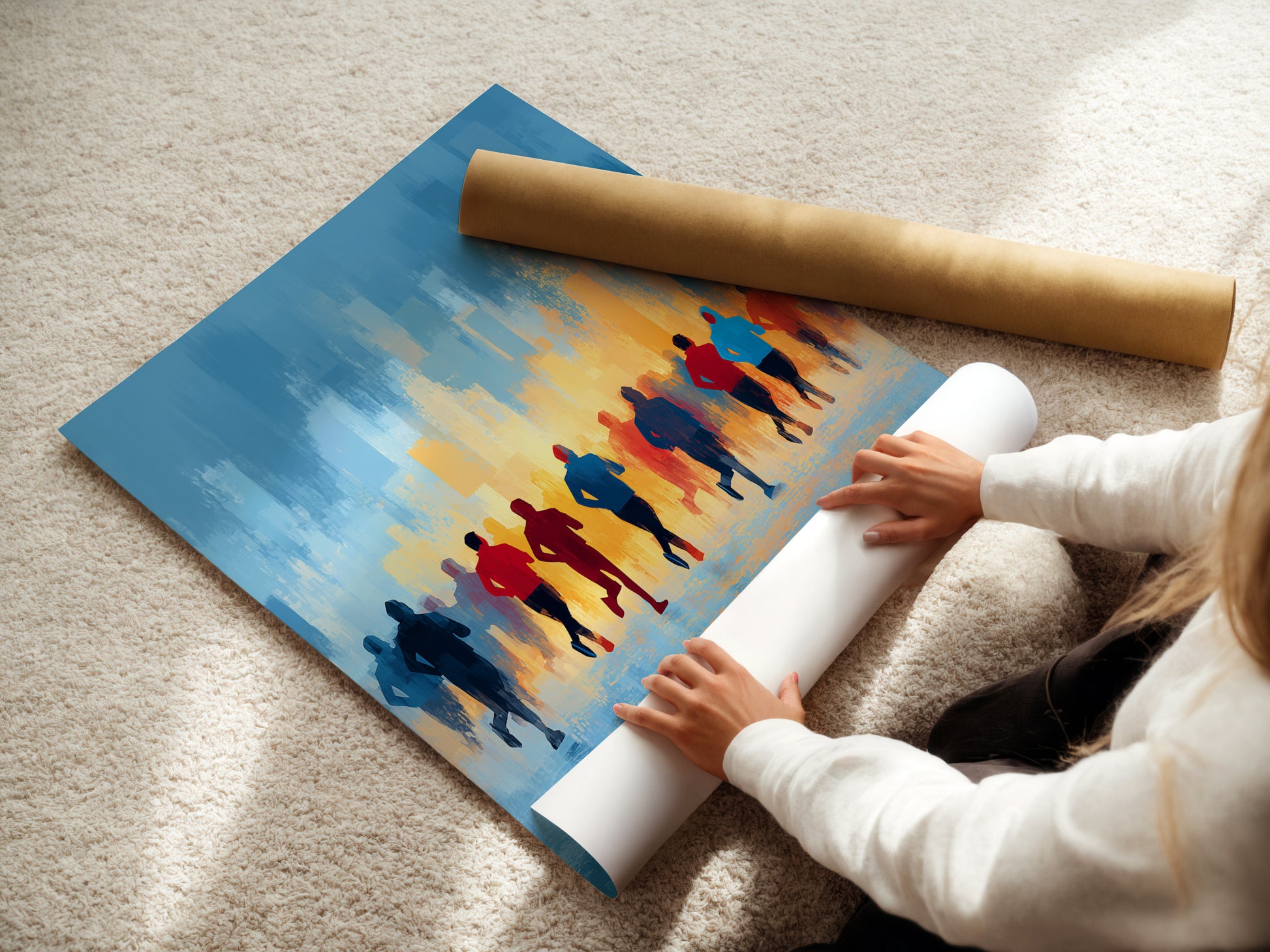 A woman rolls out a fine art poster paper featuring abstract marathon runners artwork. This sports wall art is perfect for home gym decor. The blue and orange colors add a motivational touch. Ideal for those seeking to enhance their fitness space with inspirational art.