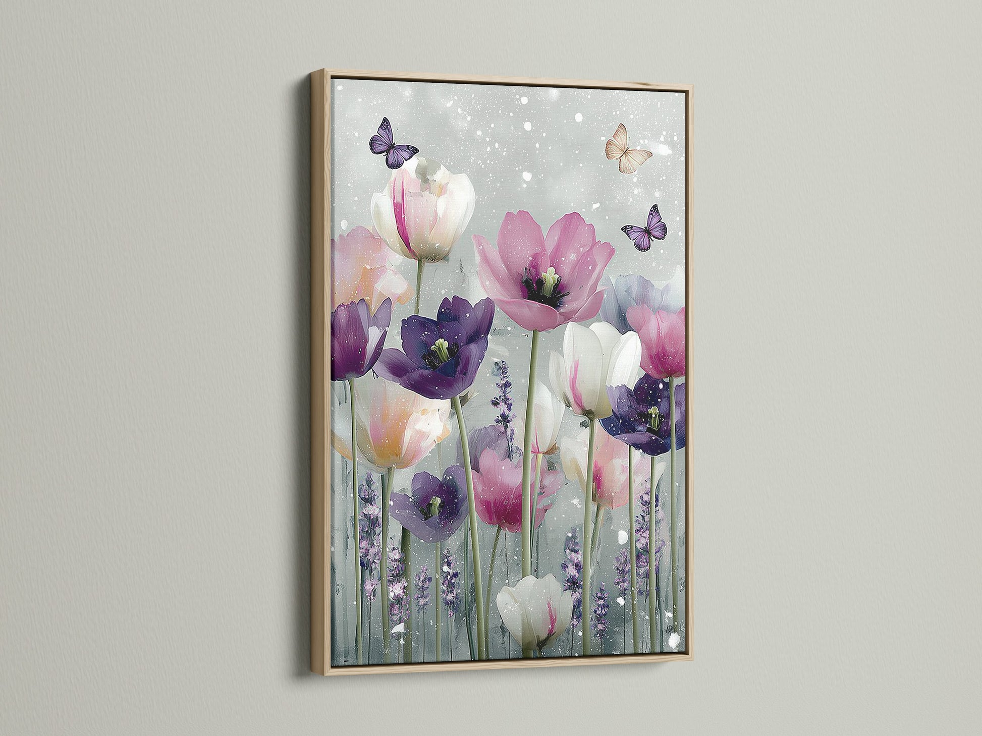 A close up showcases an oak frame. The frame surrounds a lovely floral art print. The artwork features tulips and butterflies. The oak frame adds a touch of natural warmth. Elevate your art with a timeless oak frame.