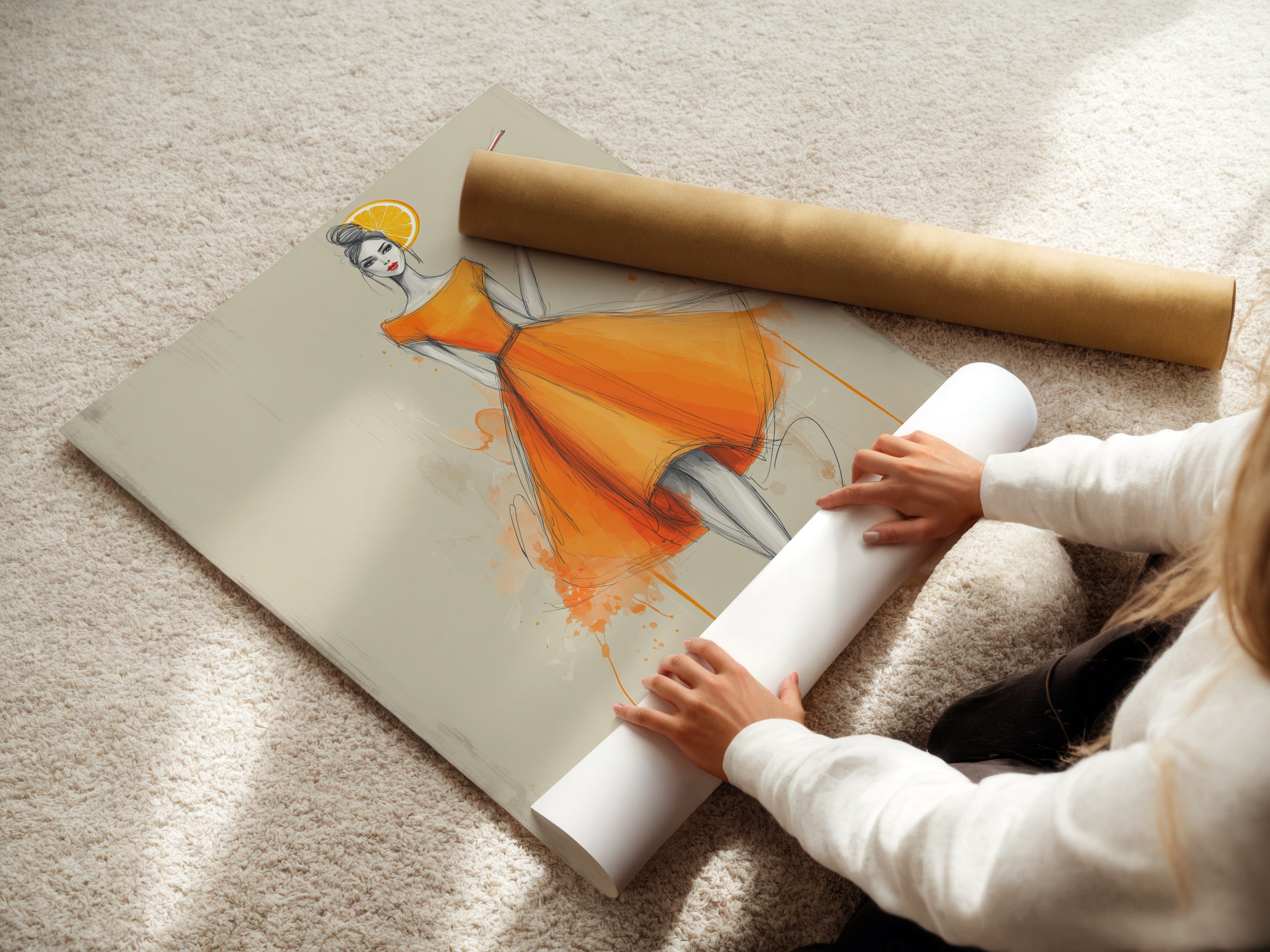 A woman is carefully rolling a fine art poster paper. The paper will be used to create stylish art prints. This poster paper ensures high-quality artwork. A perfect choice for fashion illustration prints.