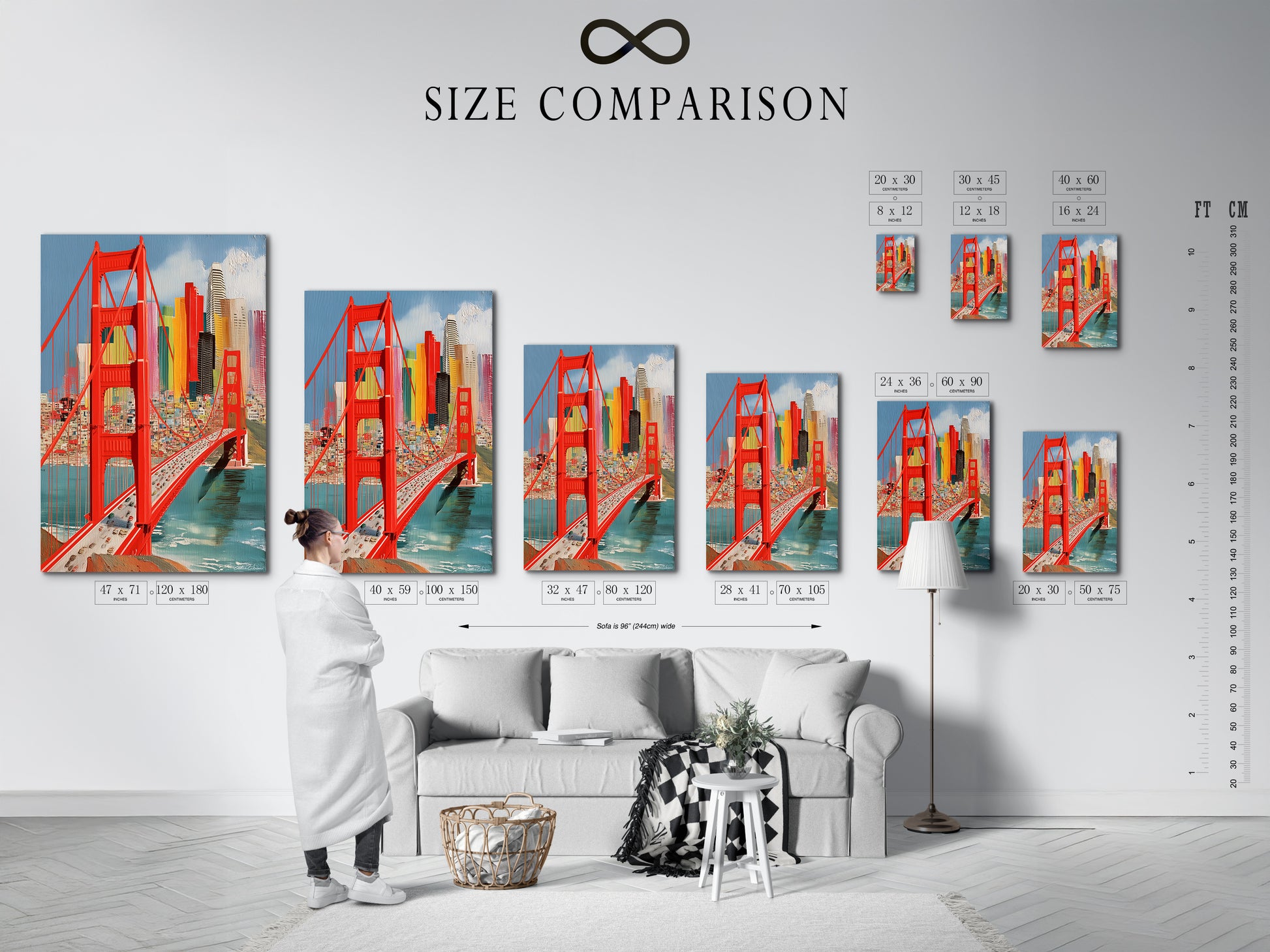 A size comparison chart is displayed in an interior setting showcasing the Golden Gate Bridge artwork. Visualize the perfect fit for your space with this San Francisco print. Choose the ideal size for your cityscape wall art to enhance your home or office decor.