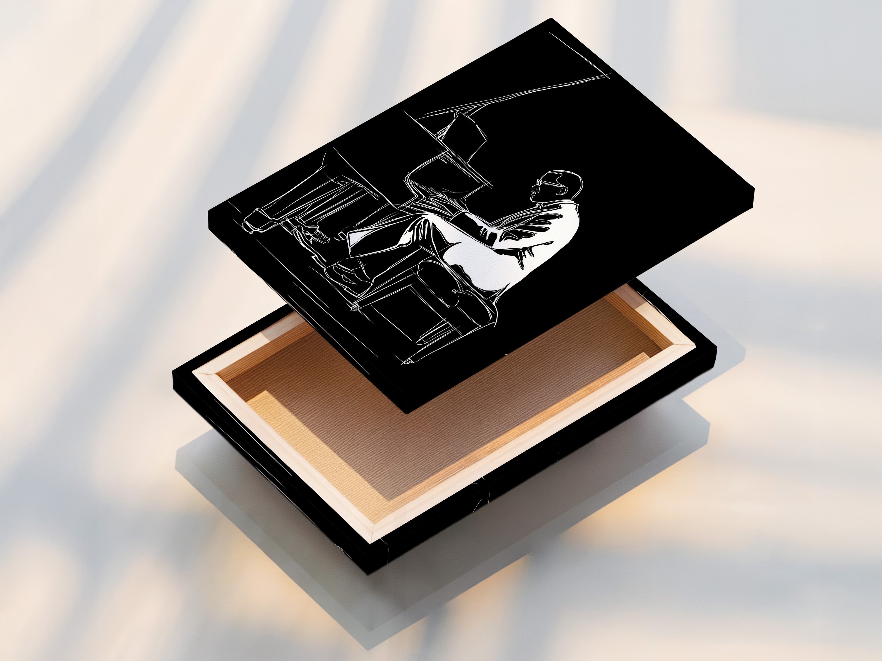 This is a stretched canvas print of a black and white jazz piano artwork. This minimalist musician wall art is ready to hang. It adds a contemporary touch to any space. Perfect for music room decor and contemporary wall decor. Ideal for jazz art lovers.