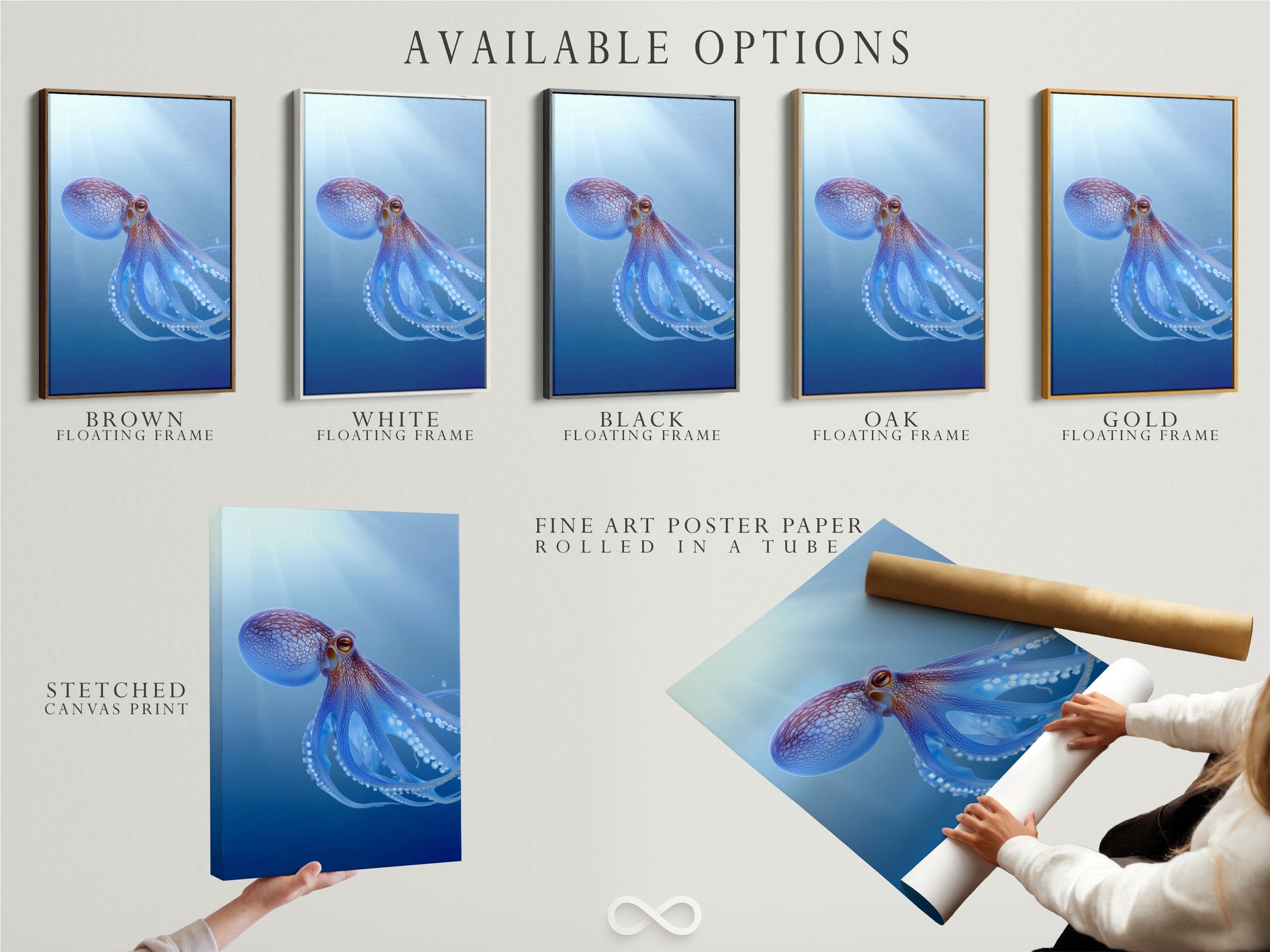 Explore the available options for this octopus art print. Choose between a stretched canvas print a fine art poster paper or a floating frame. Customize your teal blue sea canvas to match your style. Create the perfect marine animal artwork for your home. Personalize your ocean print today.