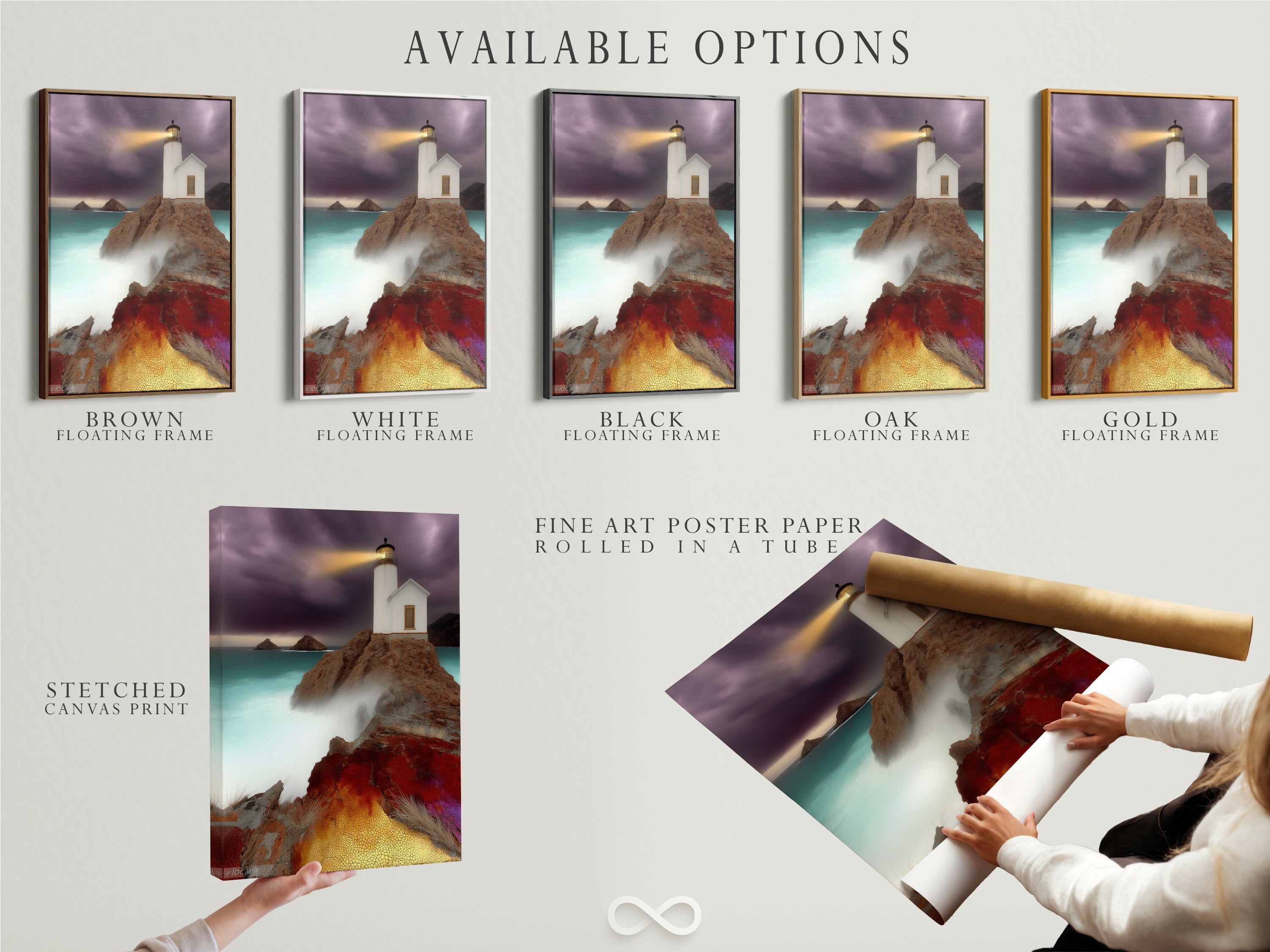 Available options for our coastal artwork. Stretched canvas print fine art poster paper. Also available in a floating frame. Customize your art to suit your style. Discover the perfect piece for your home.