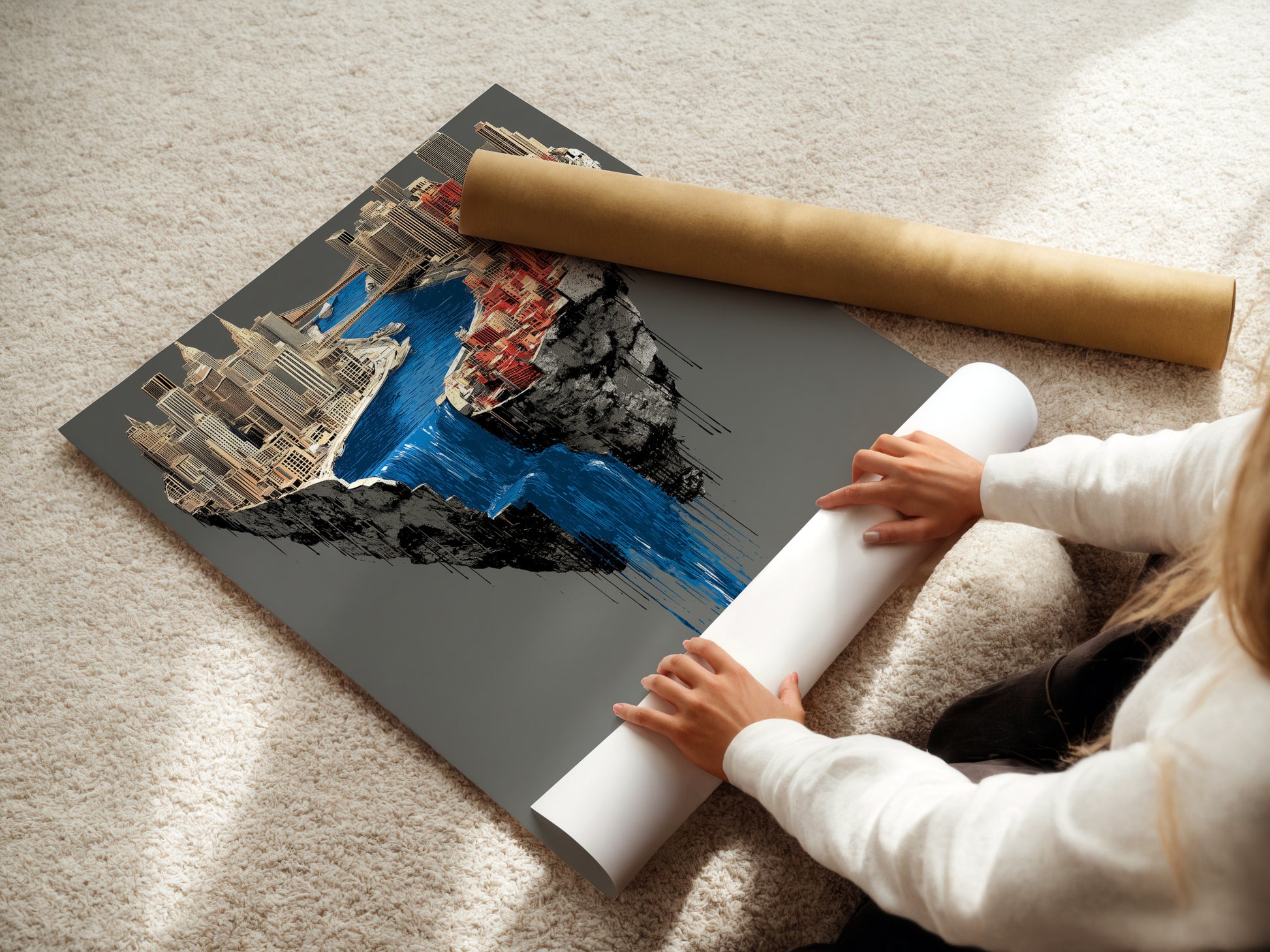 A woman carefully rolls a fine art poster paper. The paper features a surreal city waterfall artwork. This contemporary piece is perfect for modern office decor. The urban art print is ideal for art collectors. The fantasy cityscape adds a unique touch to any space. It enhances architectural aesthetics.