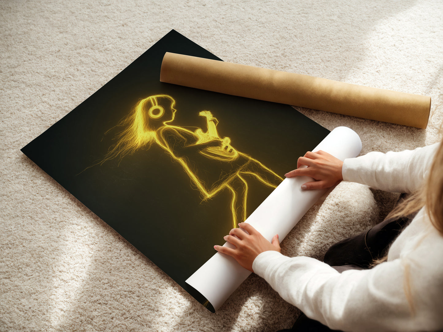 A woman is carefully rolling a fine art poster paper. This ensures your Guitar Player artwork arrives safely. We use high-quality materials for our prints. Our fine art posters offer a unique display option.