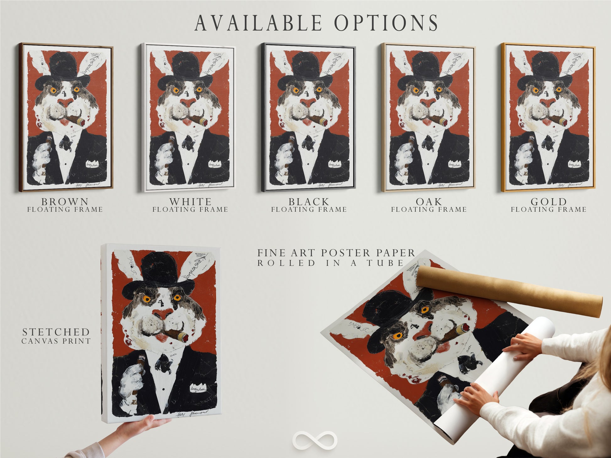 Available options include a stretched canvas print. Fine art poster paper and a floating frame are shown. This vintage cat portrait canvas features surreal animal art. A whimsical gentleman cat adds character to any room. Select the perfect style for your unique wall art.