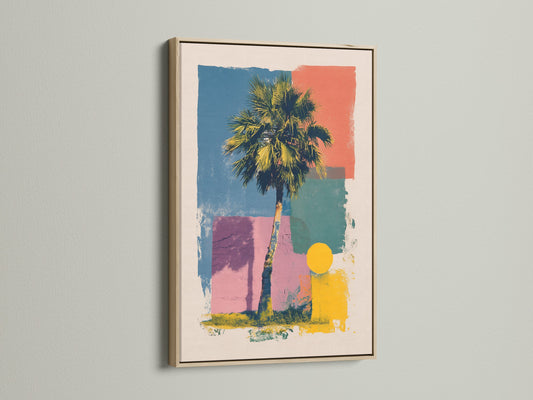 Artwork in an oak frame is mounted on a wall. The artwork includes a palm tree and geometric shapes in multiple colors. The oak frame adds a warm natural touch. Perfect for adding a piece of framed artwork to your home or office.