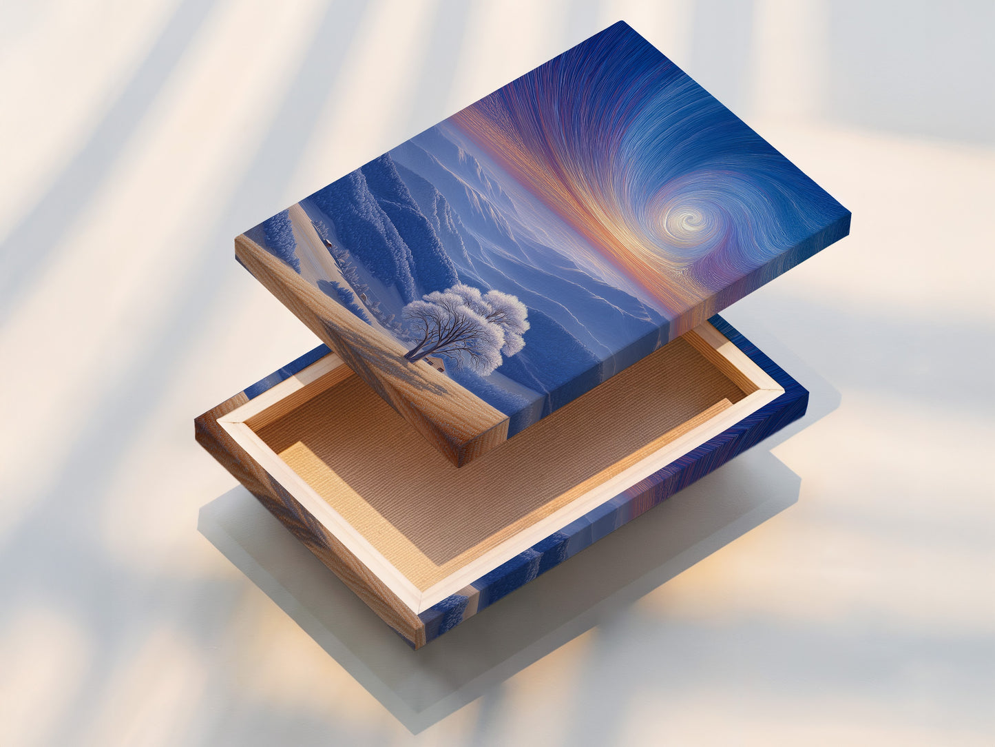 This is a stretched canvas print ready to hang. The canvas texture enhances the artwork's visual appeal. Stretched canvas provides a gallery-worthy look. This is a durable and elegant way to display art.