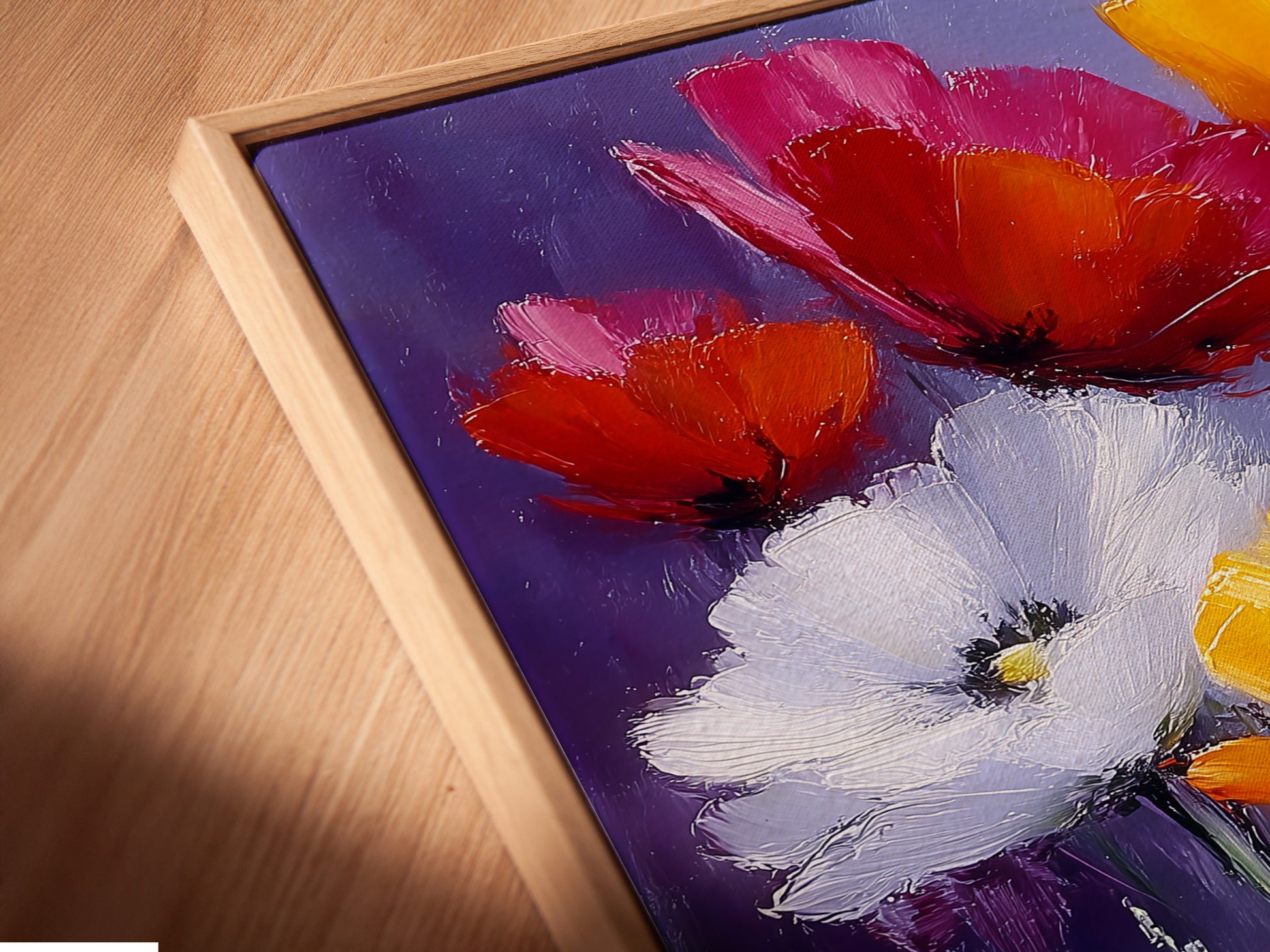 Get an angled close-up view of a canvas print in a floating frame. See the details and quality. This modern frame makes art stand out. Perfect for a contemporary look. Shop floating frames.