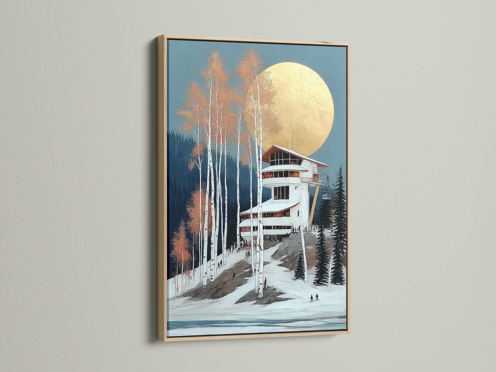 Winter Ski Lodge art in an oak frame. The artwork shows a snowy mountain landscape. It's ideal for adding warmth to any room. The oak frame enhances the rustic feel. Perfect wall art for ski lodges or cabins. Add a touch of alpine style to your home.