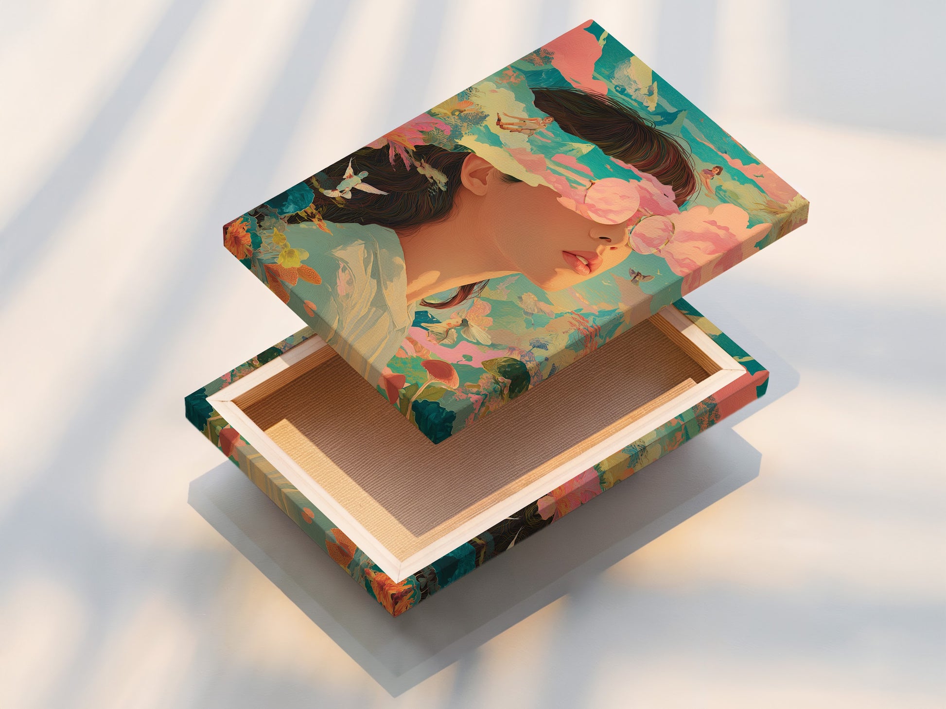 This is a stretched canvas print. The artwork is vibrant and ready to hang. The canvas texture adds depth and richness. The art features a woman in sunglasses surrounded by a dreamlike world. Perfect for ready-to-display art.