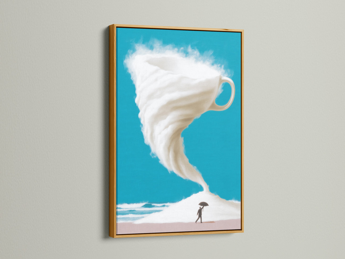 Elevate your space with this gold-framed surreal coffee cup storm canvas. The turquoise sky and beach art create a modern coastal vibe. This imaginative fantasy artwork is a unique piece for home decor. Perfect for coffee shops studios and those seeking unusual wall art.