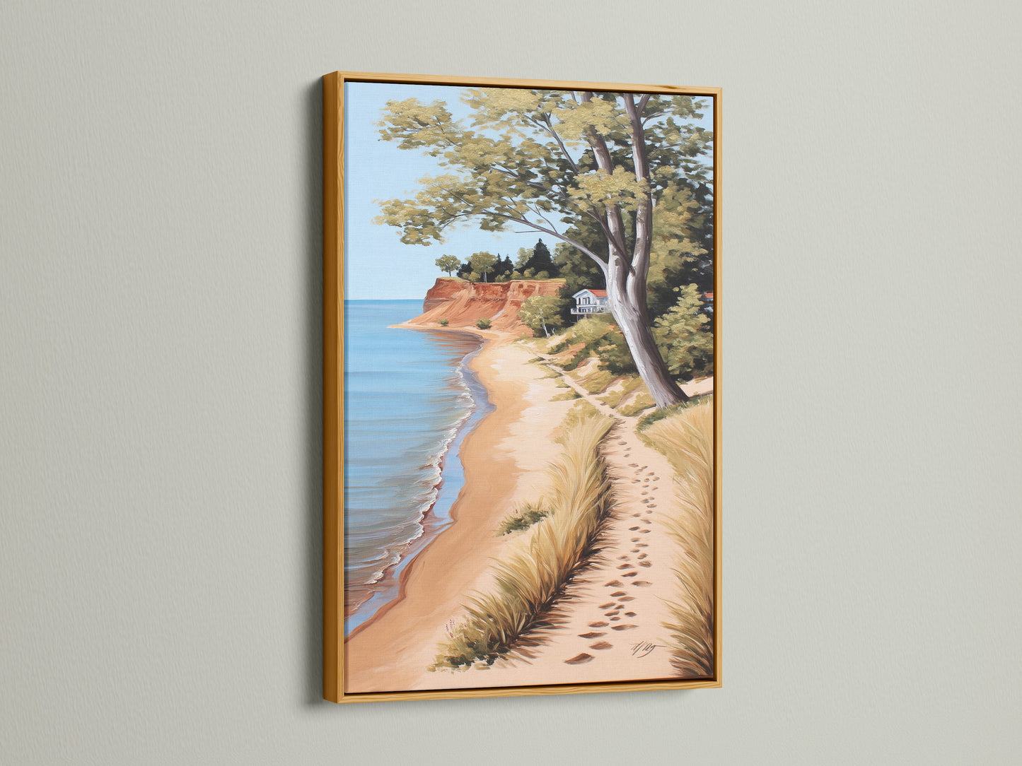Coastal Beach Artwork in a Gold Frame. This serene ocean view print captures a sandy shoreline. Ideal for coastal cottage decor bringing a touch of the beach to your space. Discover framed artwork to enhance your home's ambiance. Golden frame adds elegance.