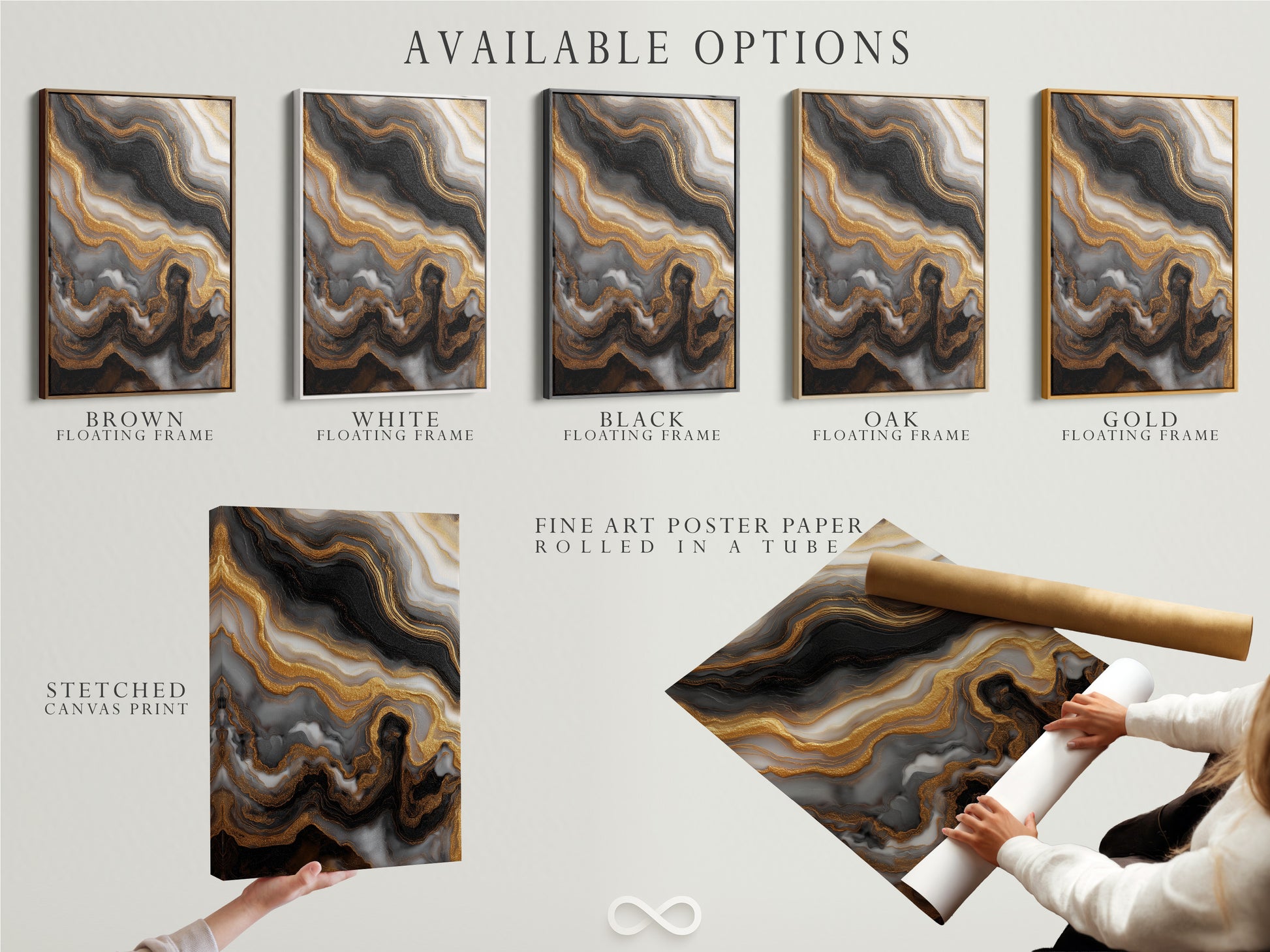 Explore our available options for your artwork. Choose from a stretched canvas print. Or fine art poster paper. You can also select a floating frame. Customize your art to match your style. View all options now.