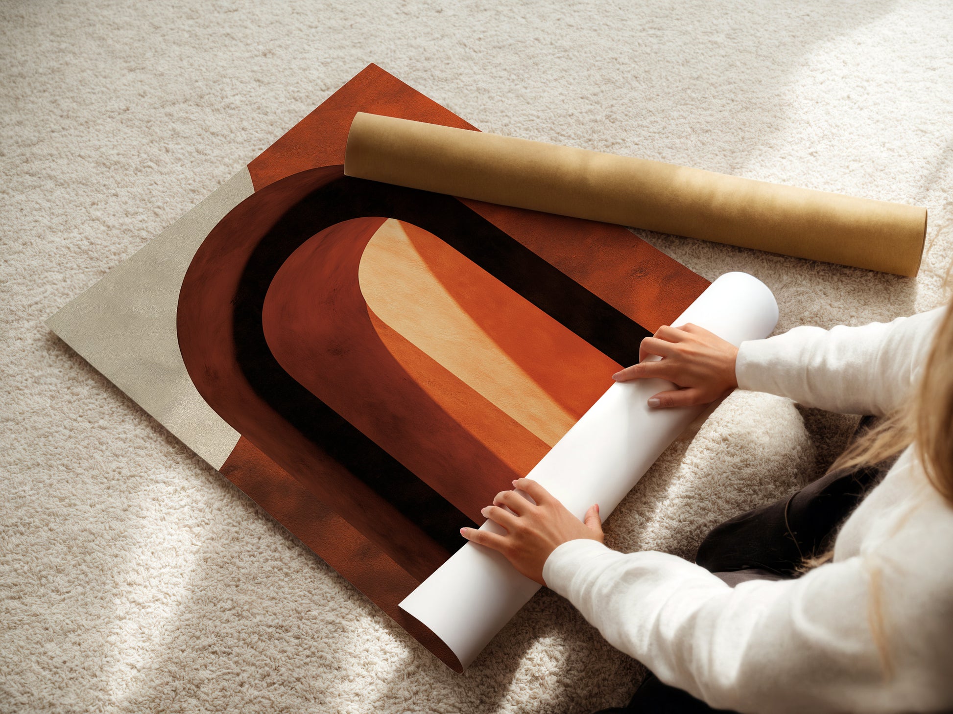 A woman is carefully unrolling a fine art poster paper. The paper looks smooth and high-quality. Perfect for printing detailed artwork and photographs. Experience premium quality with our fine art paper.