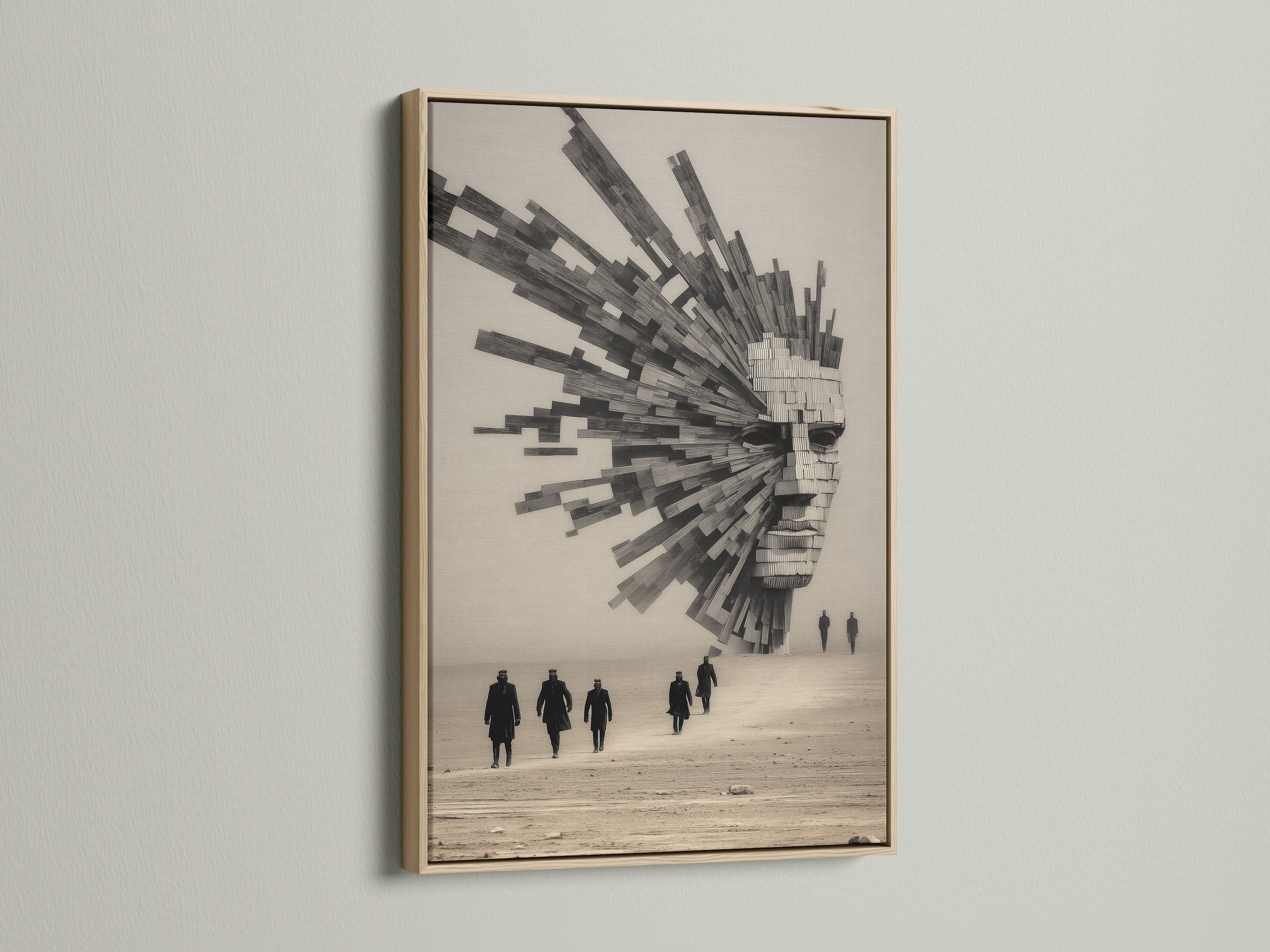 Surreal Architecture artwork with an oak frame. This piece blends abstract geometric elements. It is a modern monochrome poster ideal for office decor. The artwork adds an elevated touch to minimalist spaces. Perfect for contemporary style interiors.
