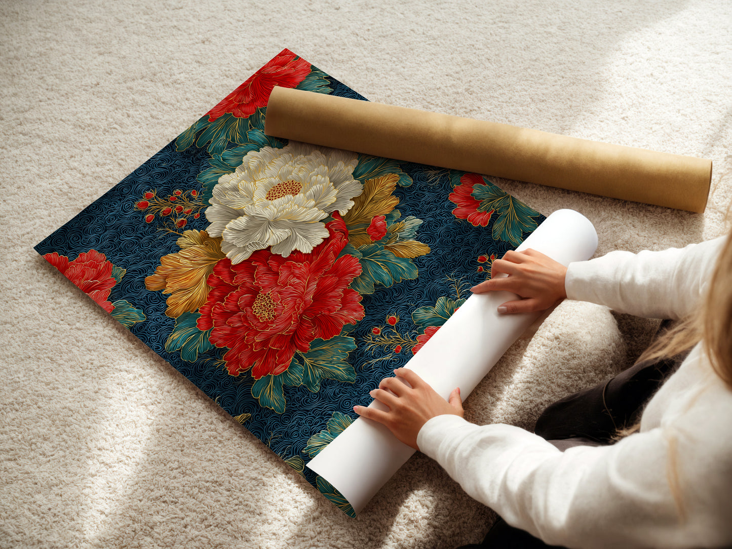 Japanese Floral Wall Art - Navy Blue Peony Canvas Print, Oriental Botanical Art for Living Room Decor