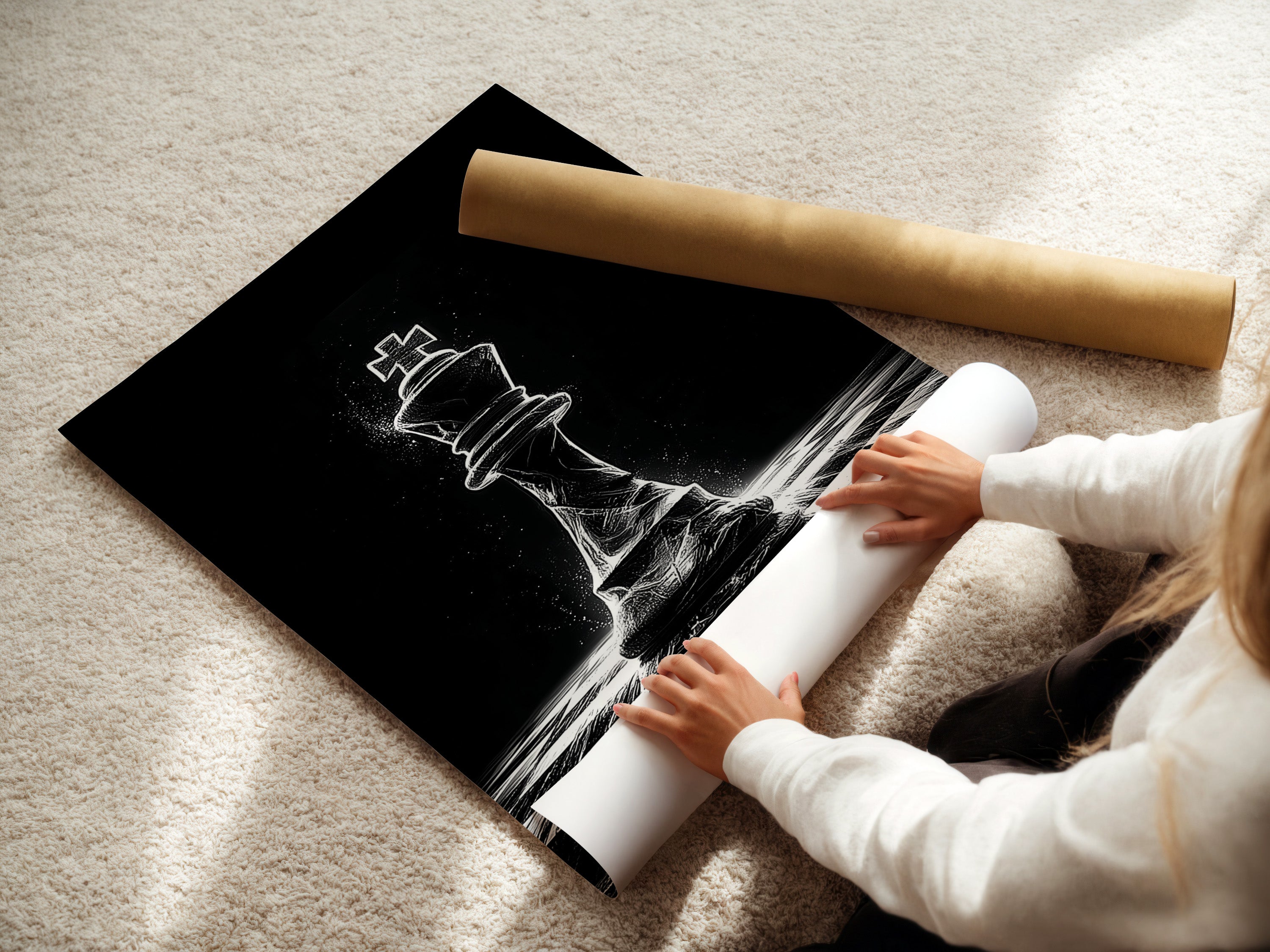 A woman is carefully rolling a fine art poster paper. The paper features the chess king artwork. This print is perfect for minimalist Scandinavian or industrial styles. It's a great choice for art lovers and interior designers.