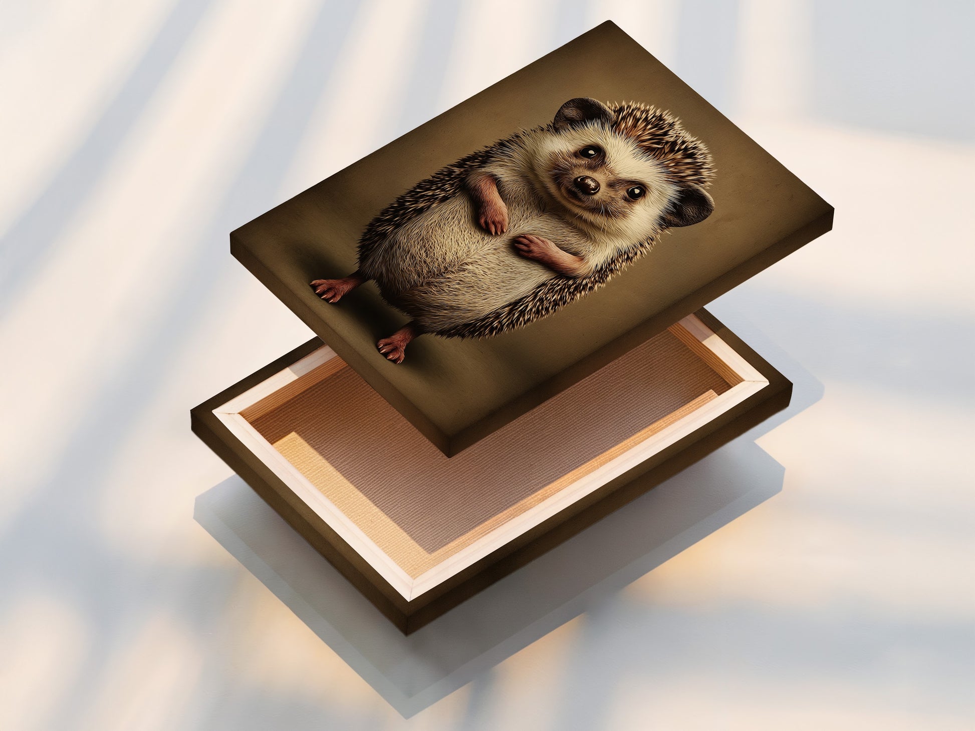 Stretched canvas print of a hedgehog. This woodland animal canvas print is ready to hang. It's a cute wildlife poster for a nursery. This kids room decor is a great addition to any home. Mid-century style.