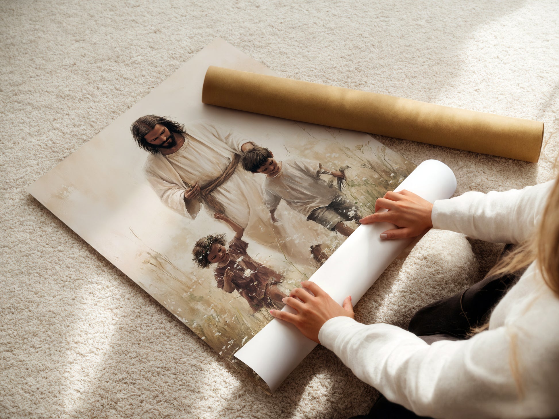 A woman carefully rolls a fine art poster paper. This highlights the care in preserving the quality of the print. Our fine art posters are crafted with precision. This ensures your artwork arrives in perfect condition. Experience the quality of fine art paper.