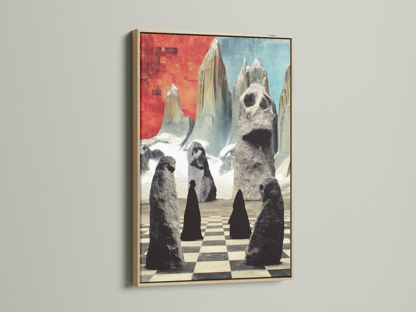A captivating stone figure artwork in an oak frame. This abstract canvas print features a surreal landscape. The checkerboard print adds a contemporary touch to your home. Elevate your space with unique wall art.