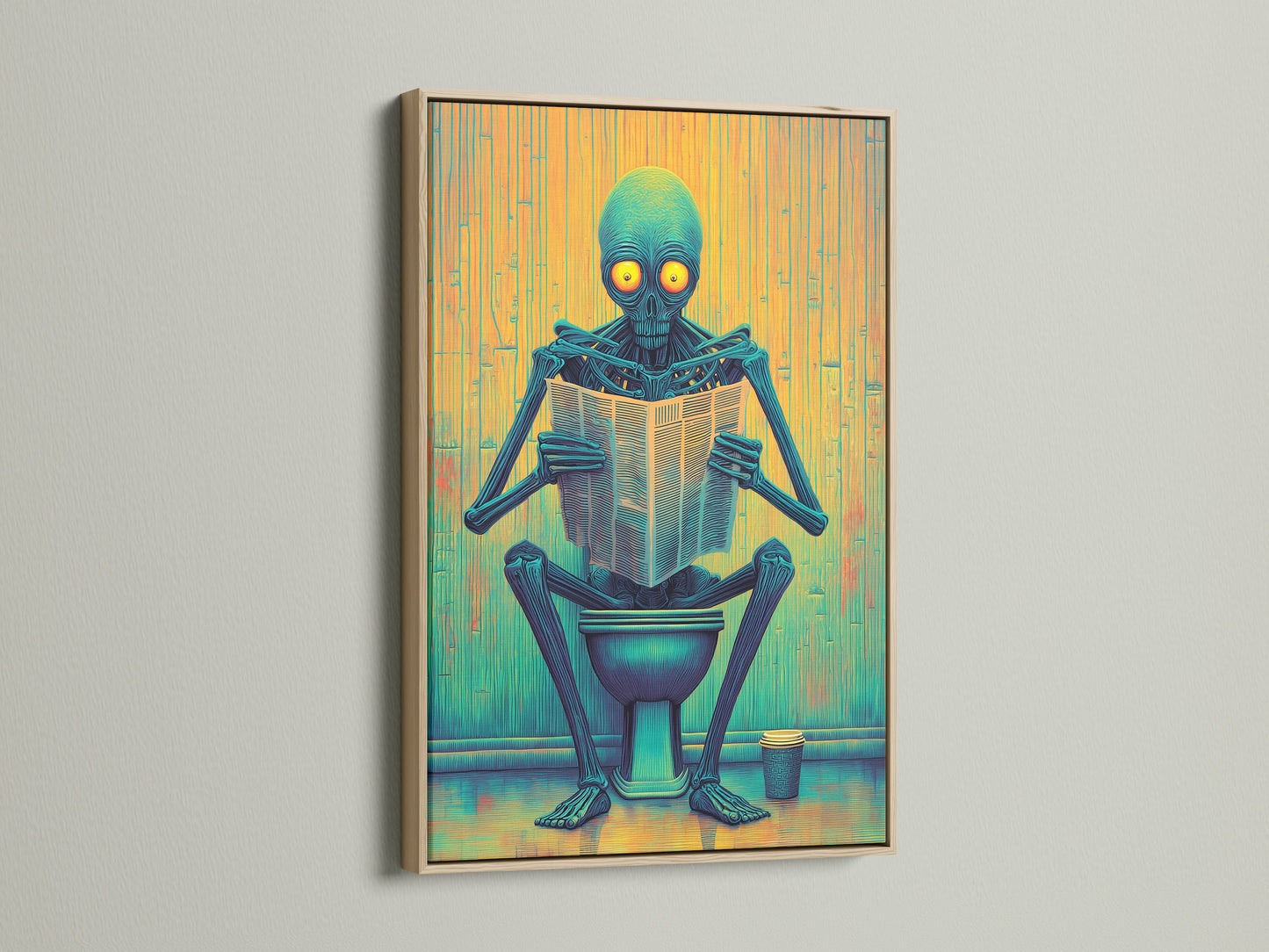 The Alien on Toilet artwork is showcased. The print is framed in oak. This modern wall art is ideal for bathrooms and gaming rooms. The sci-fi novelty poster adds humor. It also brings a unique touch to your space. The teal and yellow colors stand out.