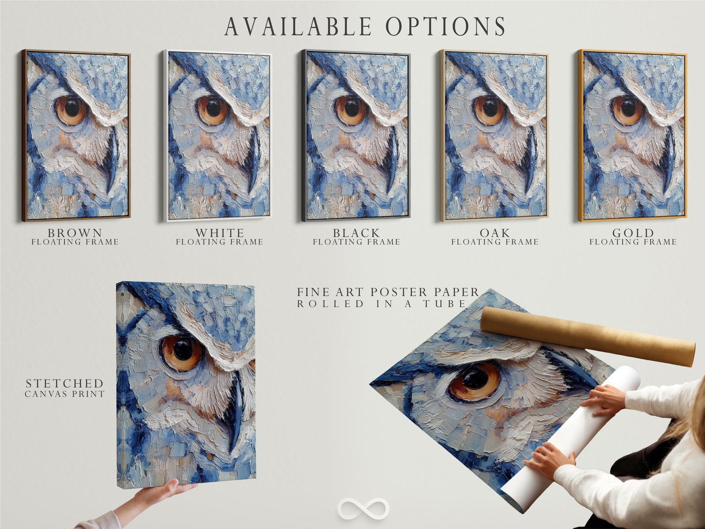 Available art options are displayed. These include a stretched canvas print. Also a fine art poster paper. And a floating frame. The image showcases versatility. It highlights the variety of choices for displaying artwork. The options cater to different tastes and preferences.