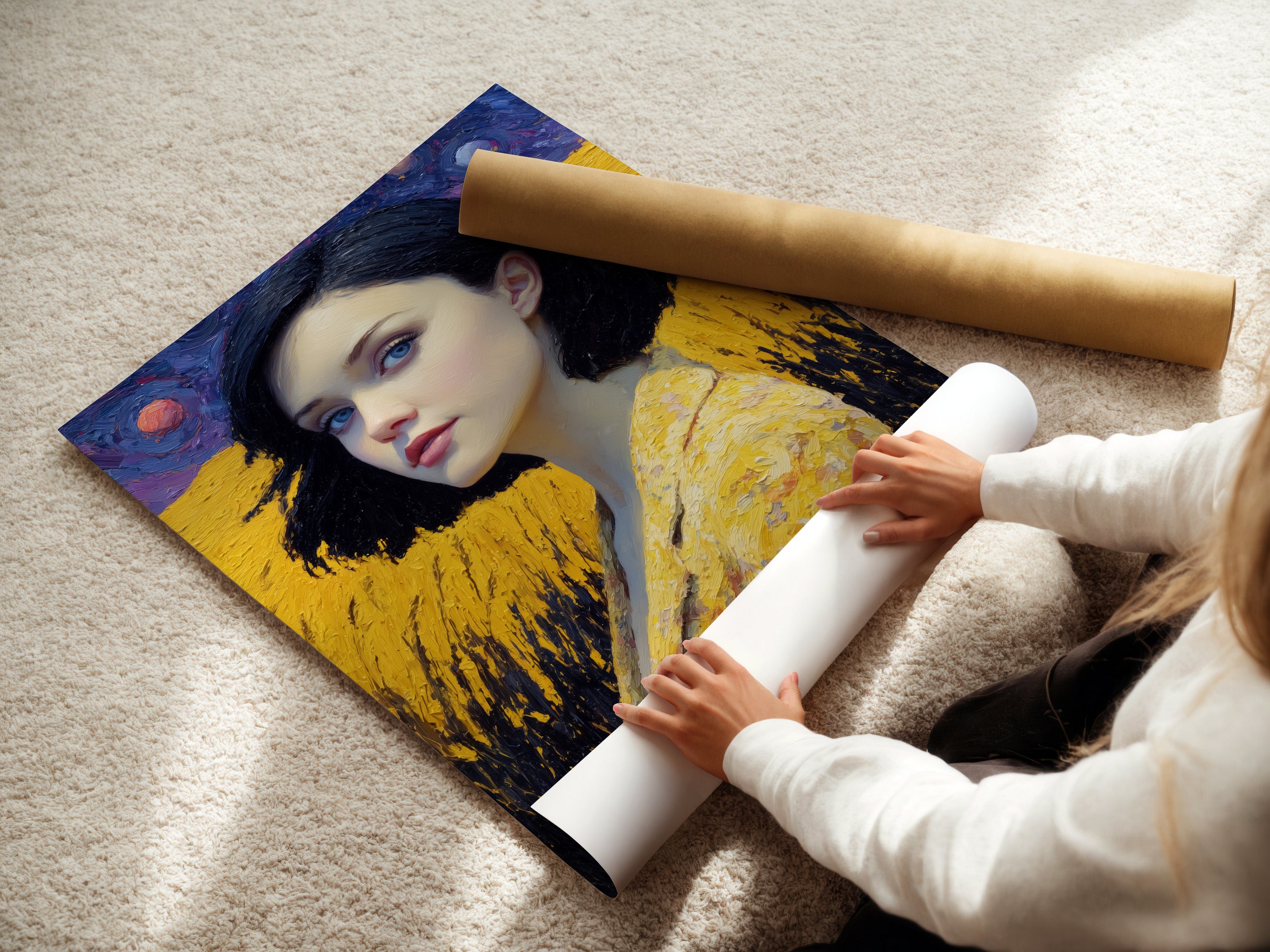 A woman is carefully rolling a fine art poster paper featuring angel wings portrait art. The golden yellow contemporary wall art is perfect for bedroom decor. The modern female figure adds a touch of elegance to any space. This piece is ideal for homeowners renters and interior stylists. The spiritual wall art enhances any room.