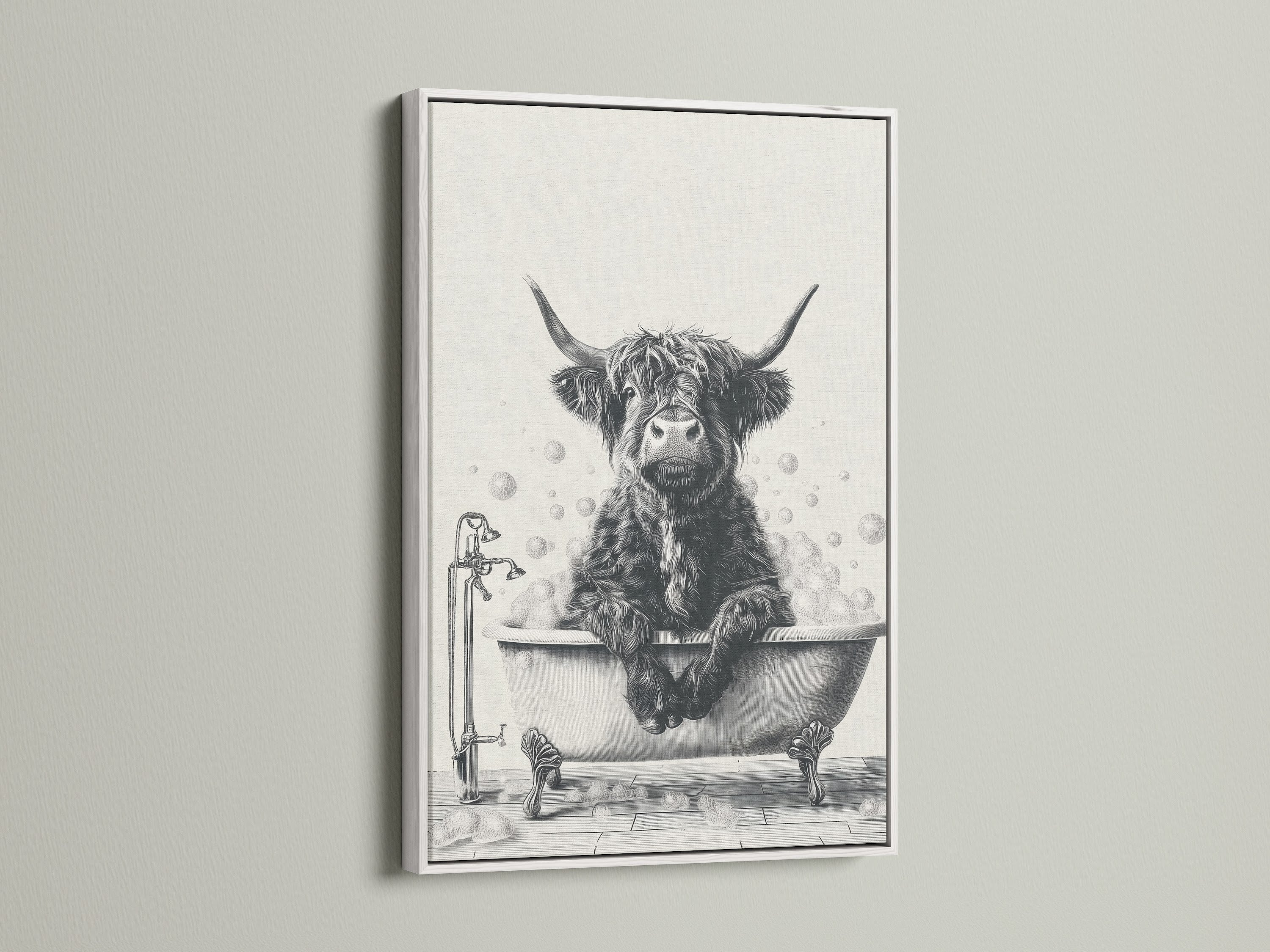 Highland Cow Bathtub Art with a White Frame. This canvas print features a Scottish cow enjoying a bubble bath. A whimsical addition to bathroom wall decor. Farm animal art brings country charm to any space. Perfect for cow lovers and farmhouse enthusiasts. It adds a unique touch to any room.