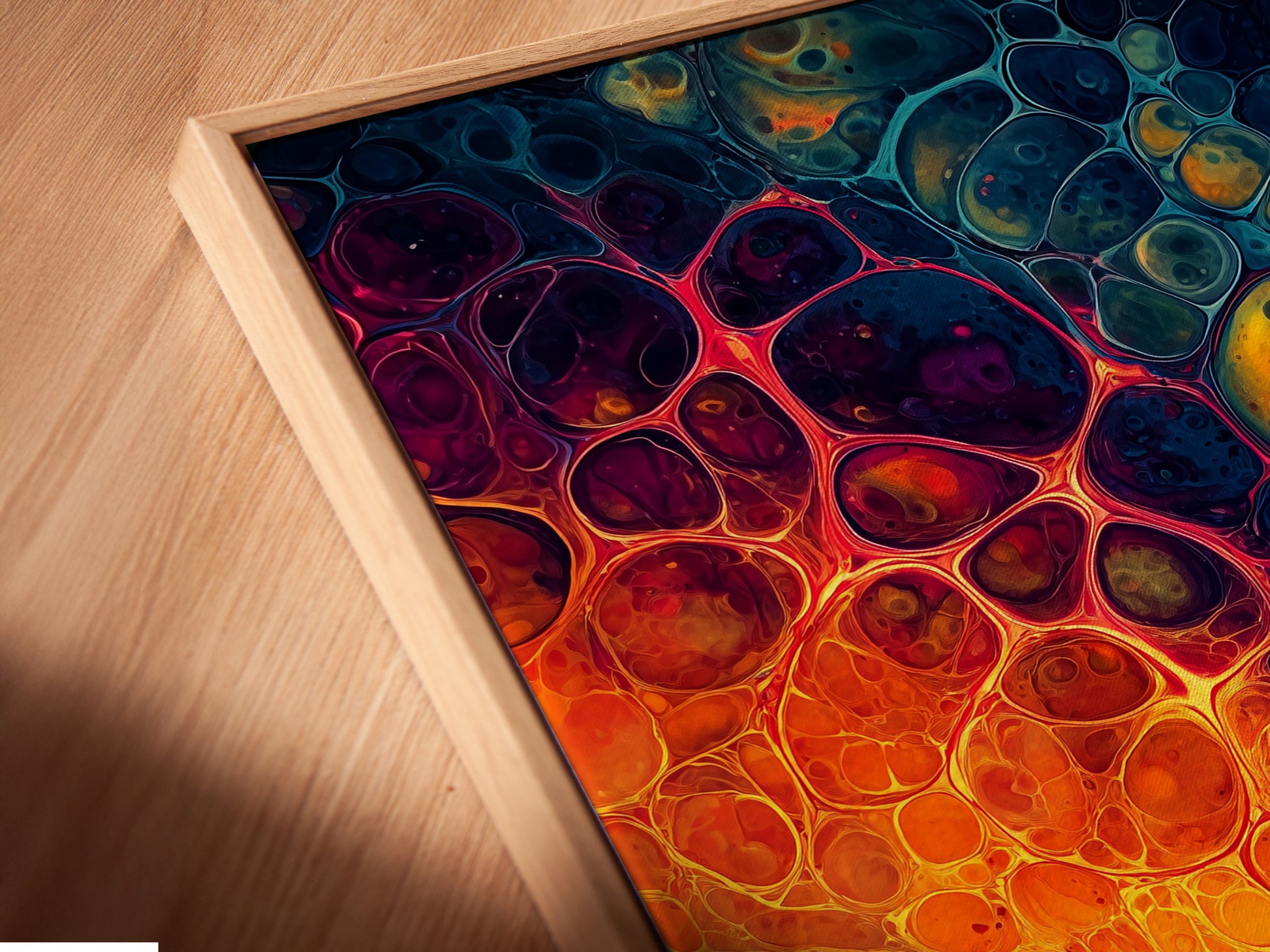 Close-up of a canvas print in a floating frame. The floating frame gives the artwork a modern look. The canvas print is textured and vibrant. See the detail of our canvas prints. The floating frame adds depth and dimension.