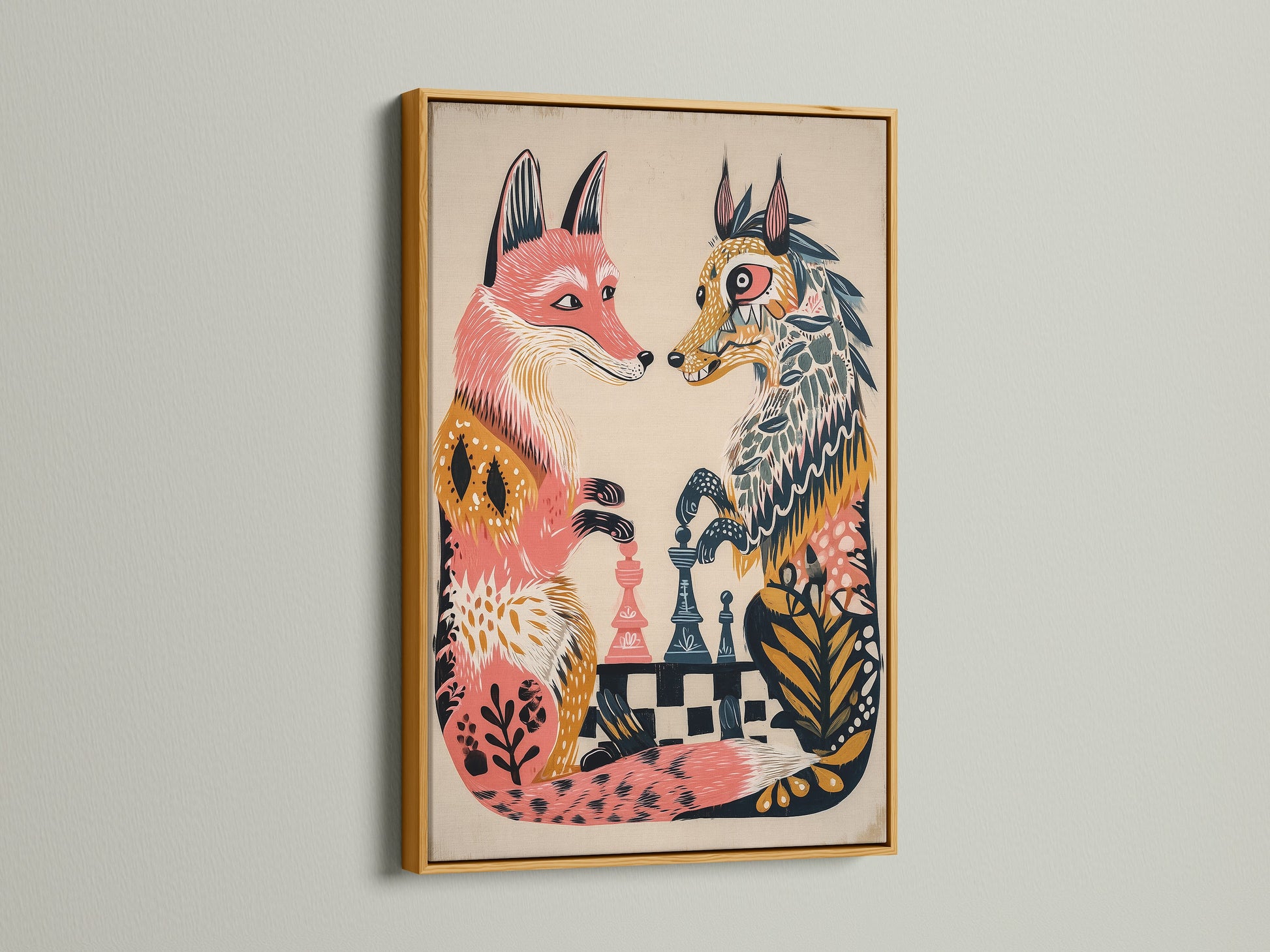 Fox chess game artwork presented in a gold frame. The gold frame adds a touch of luxury to this whimsical piece. The animal artwork stands out. Perfect for adding a unique touch to your wall art collection.