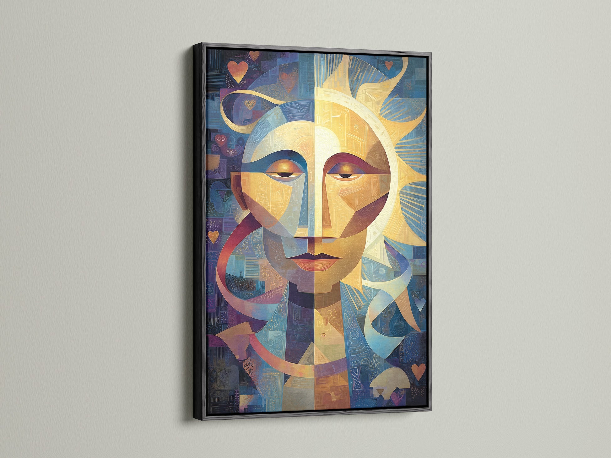 An abstract sun face art print is showcased in a bold black frame. The black frame provides a striking contrast. It makes artwork pop. A classic choice for a dramatic and sophisticated display ensuring artwork stands out.