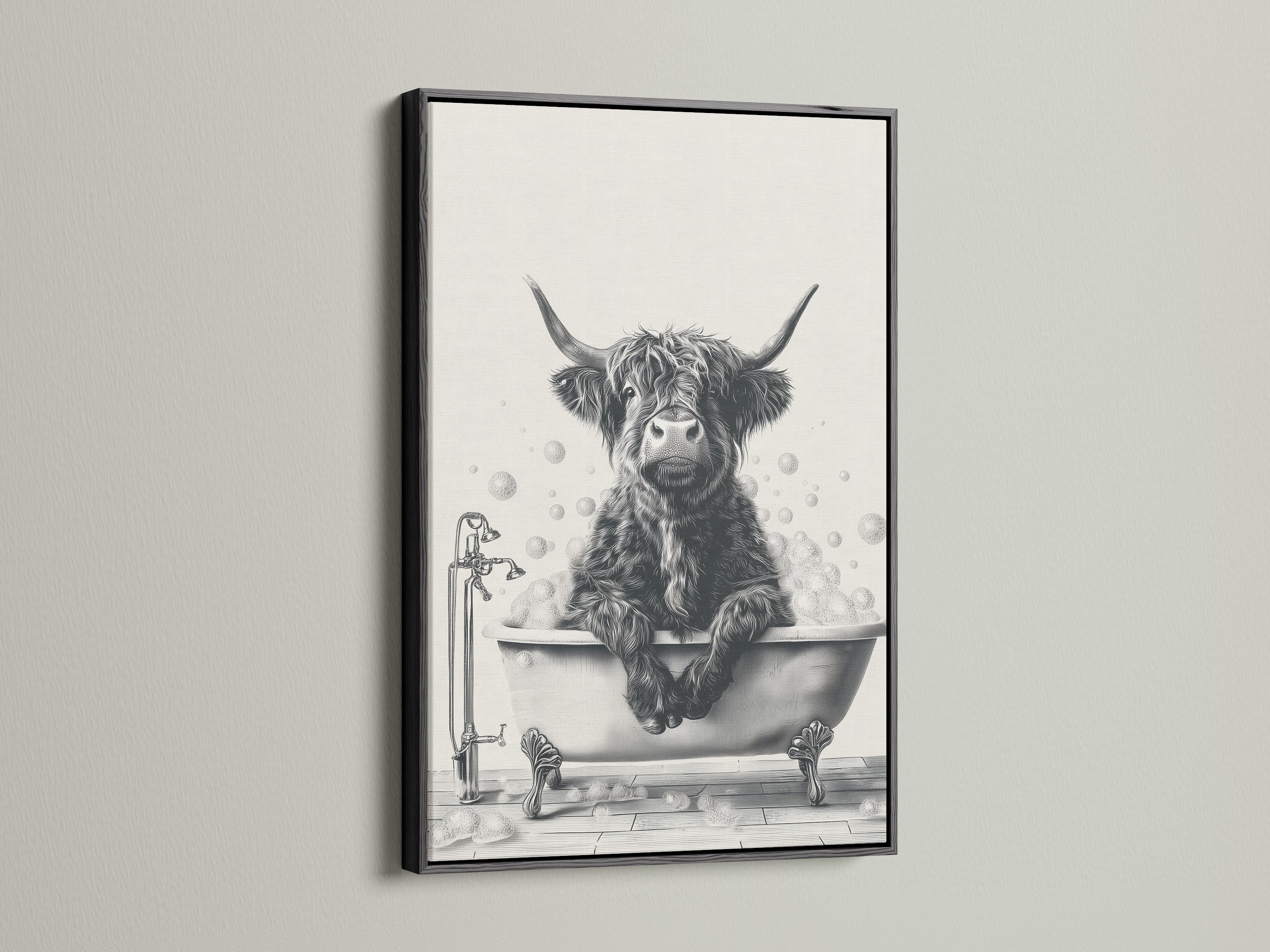 Highland Cow Canvas Print with a sleek Black Frame. The farm animal art depicts a Scottish cow in a bathtub. This bathroom wall art adds a whimsical touch to your decor. The art piece is perfect for farmhouse aesthetics. Ideal for cow lovers and anyone seeking unique artwork. It enhances any room's ambiance.