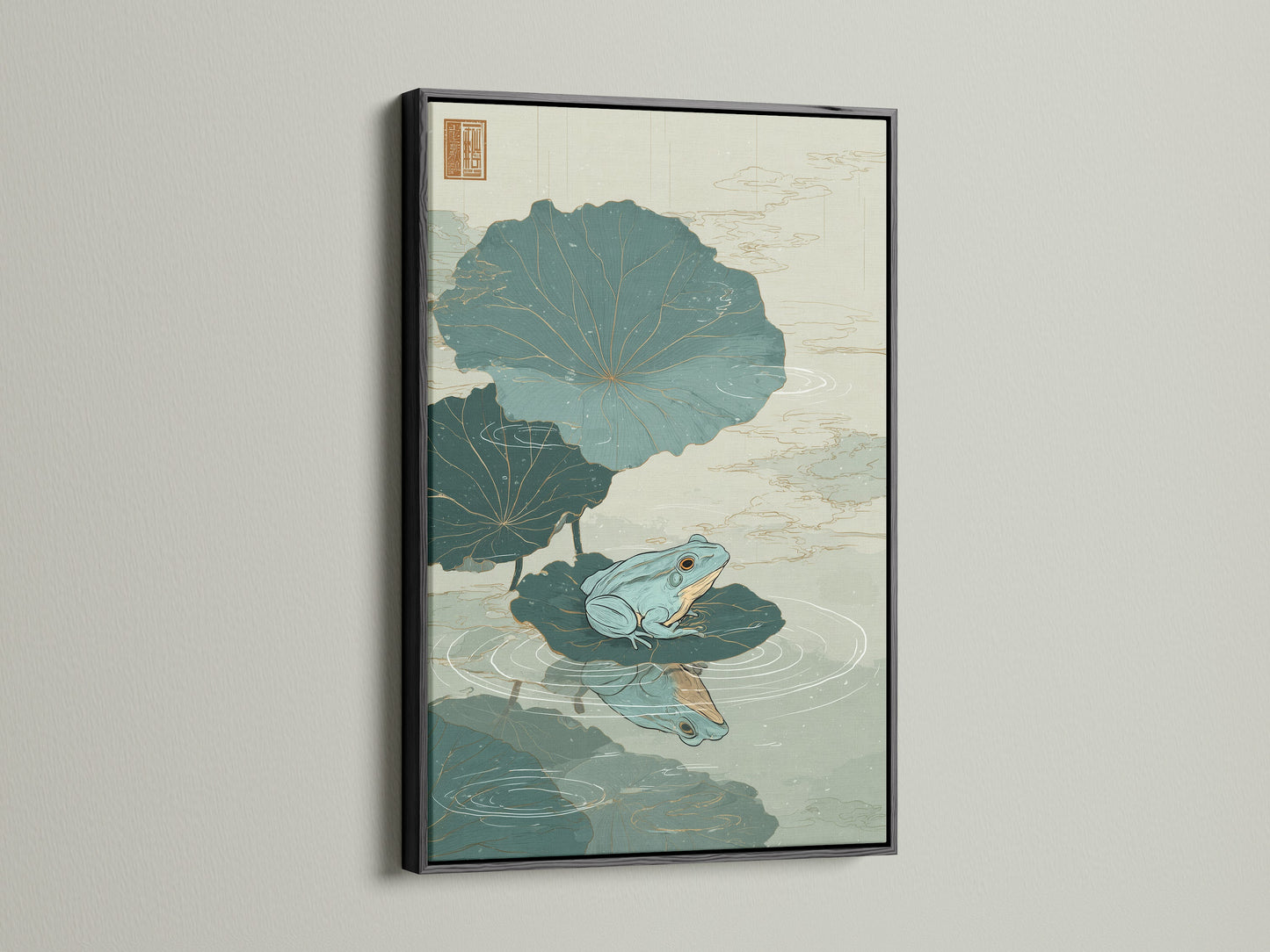 Artwork featuring a green frog sitting on a lily pad in a black frame. The black frame adds a bold and sophisticated touch. This framed artwork is a statement piece for any space. Transform your walls with this striking artwork. Explore our collection of stylish framed art.