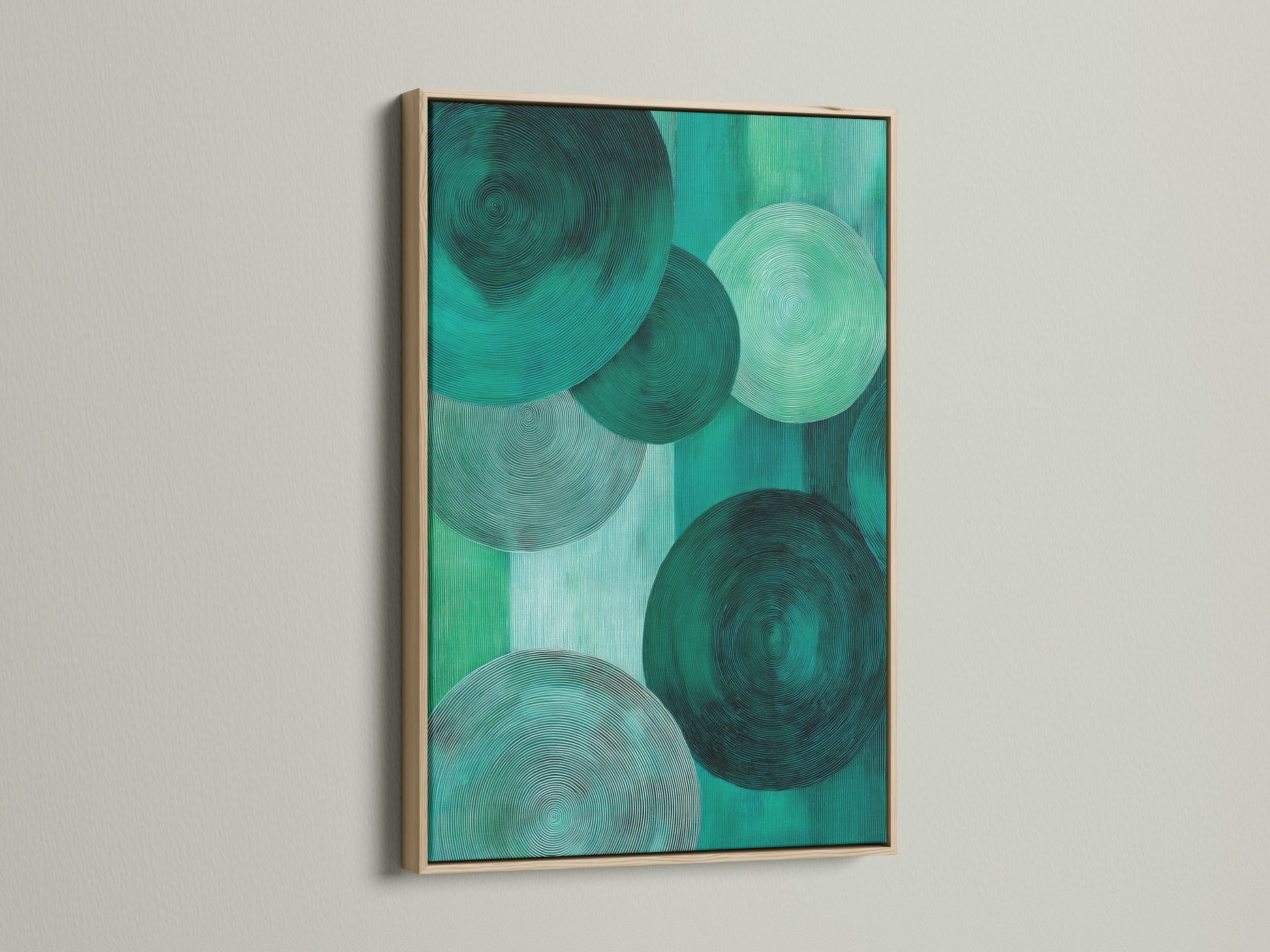 This oak frame enhances emerald green abstract art. The modern geometric circle canvas print brings contemporary style. It's perfect as green wall decor. This artwork complements minimalist styles.